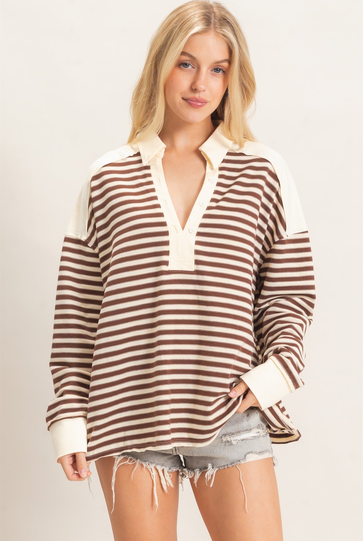 Wholesale Striped Henley Sweatshirt Clothing Tops HF26F089 CHESTNUT HYFVE