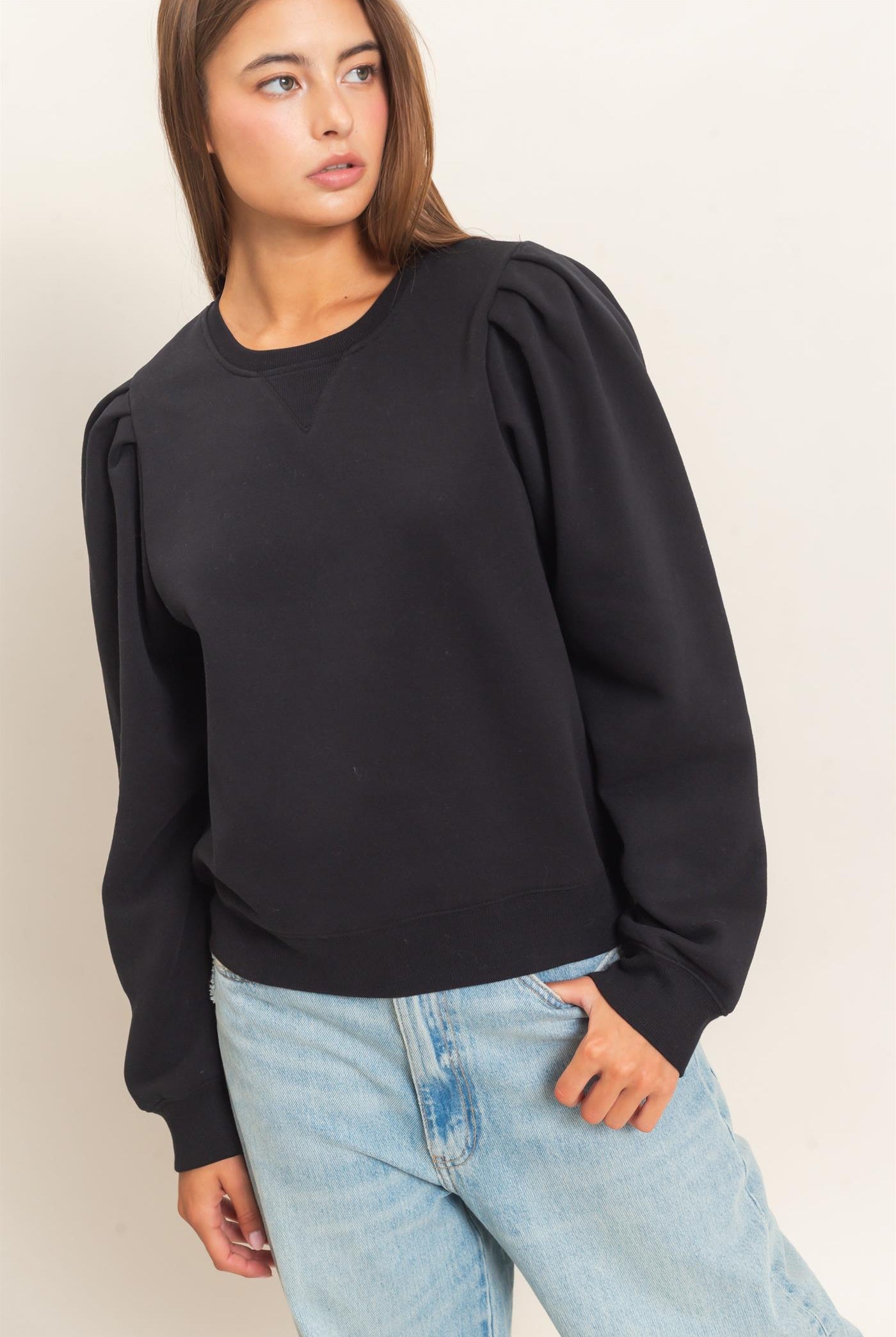Wholesale Puff Sleeve Crew Neck Sweatshirt Sweatshirts DZ26E110 BLACK DOUBLE ZERO