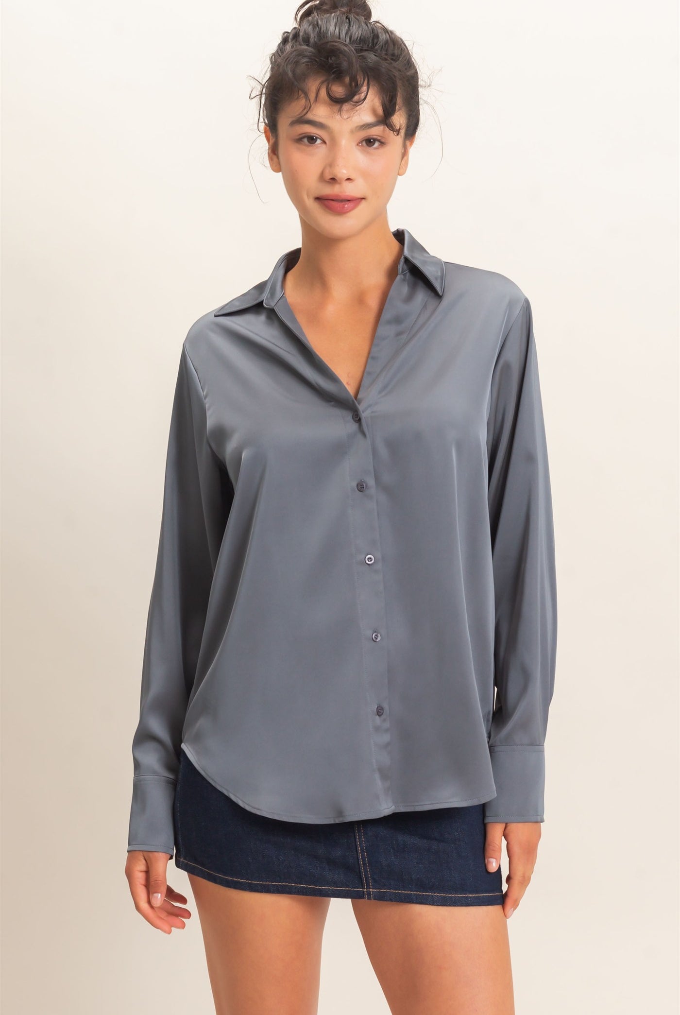 Wholesale Satin Button-Down Shirts Shirts DZ26E265 DARK GRAY DOUBLE ZERO