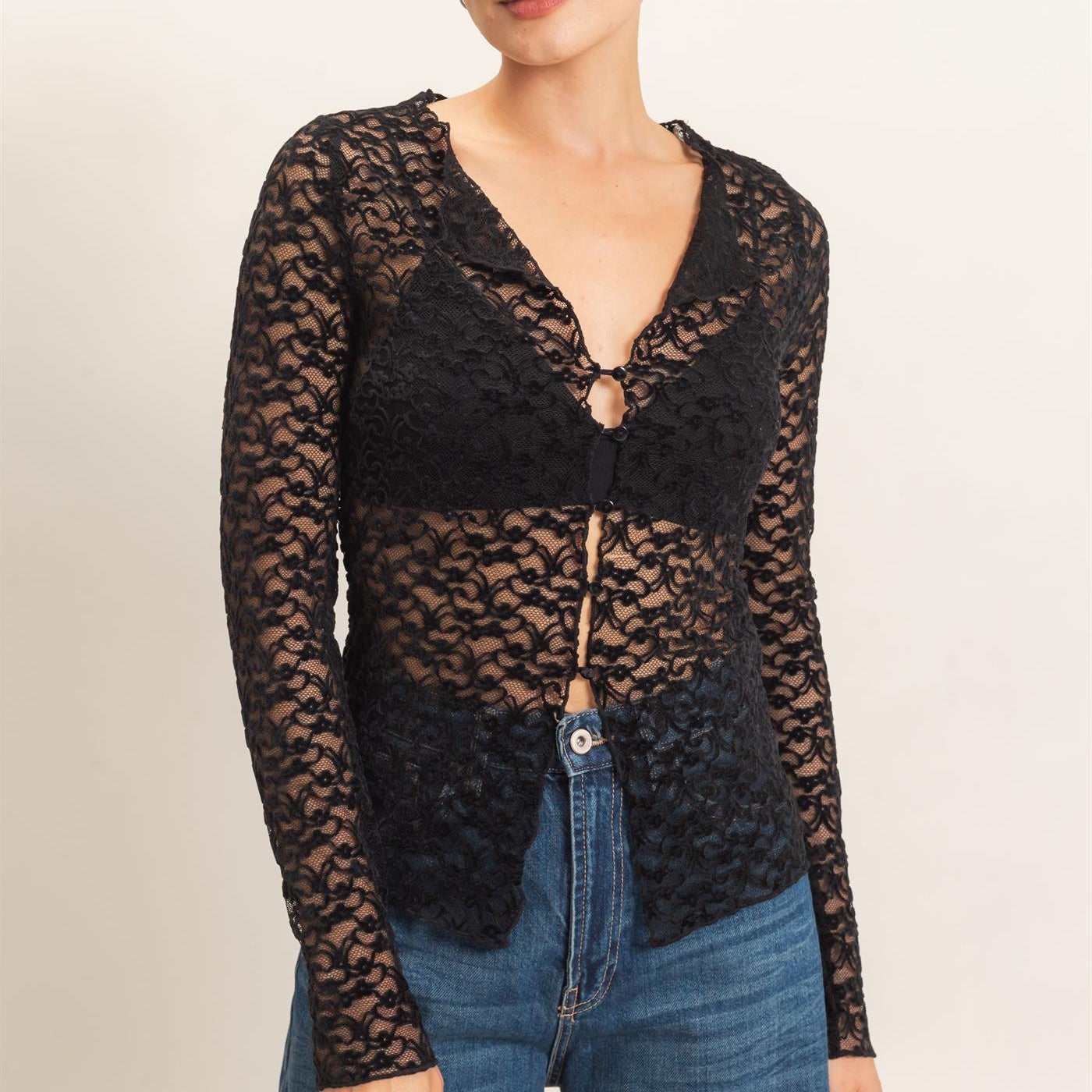 Wholesale Flocked Lace Long Sleeve Cardigan Clothing Tops HF26E415 BLACK HYFVE