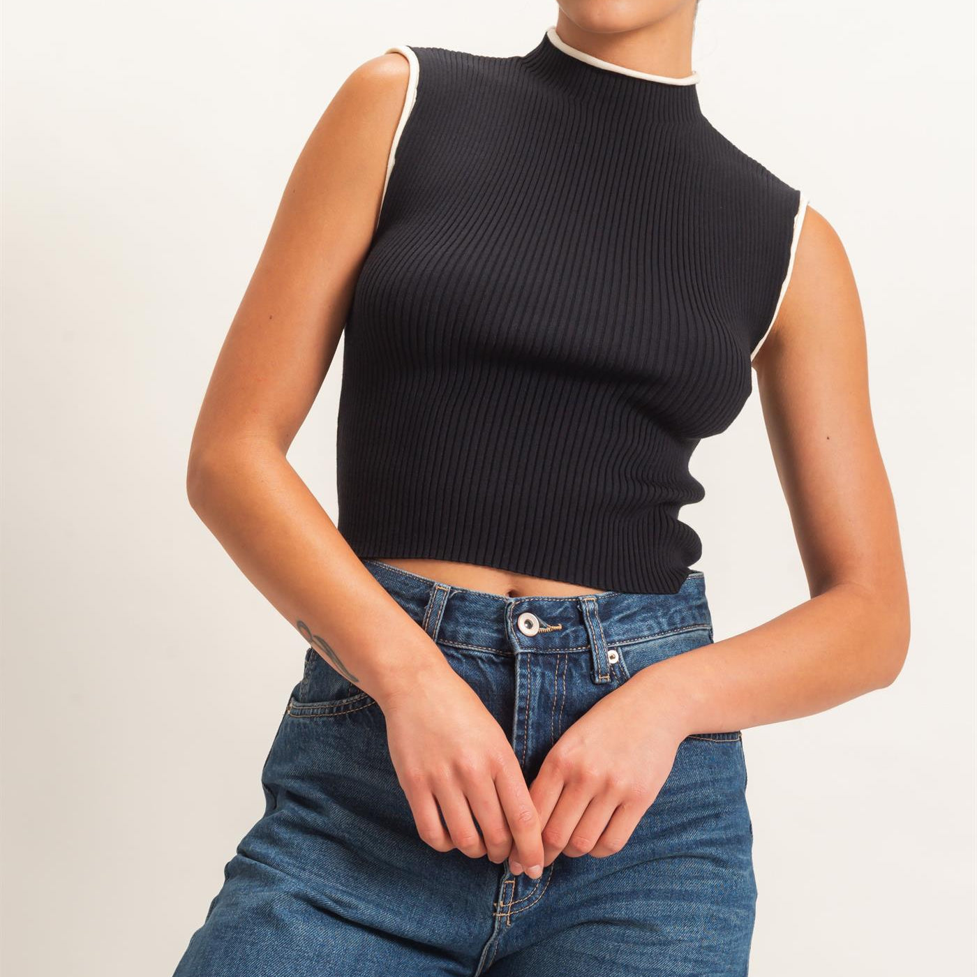 Wholesale Ribbed Mock Neck Sleeveless Top Clothing Tops DZ26E777 BLACK DOUBLE ZERO