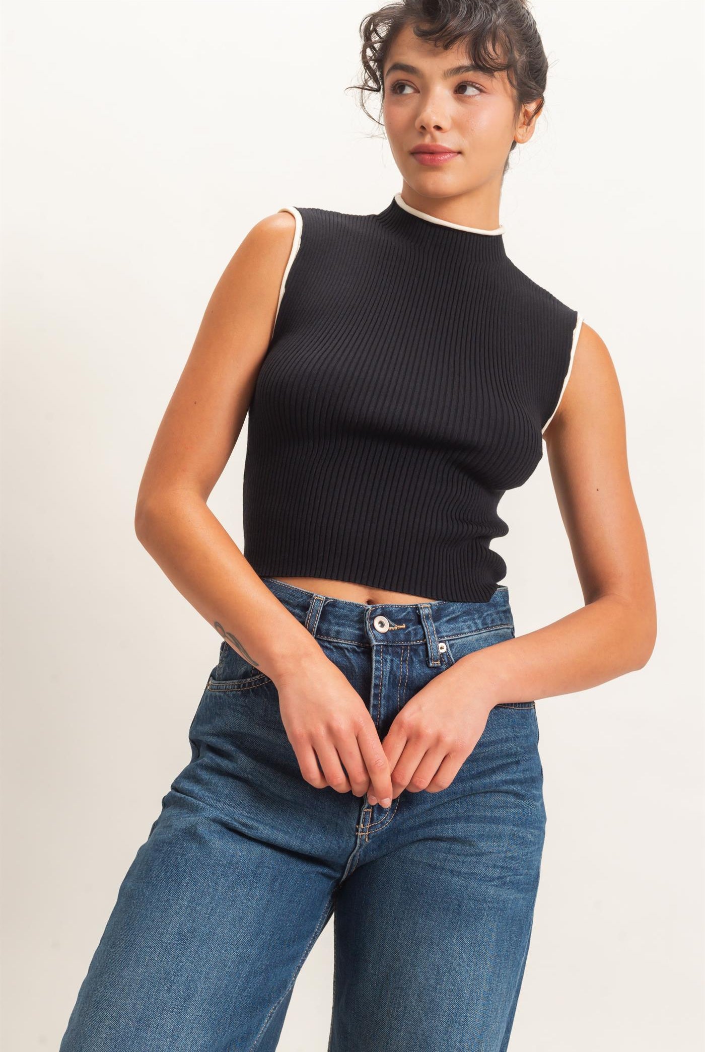 Wholesale Ribbed Mock Neck Sleeveless Top Clothing Tops DZ26E777 BLACK DOUBLE ZERO