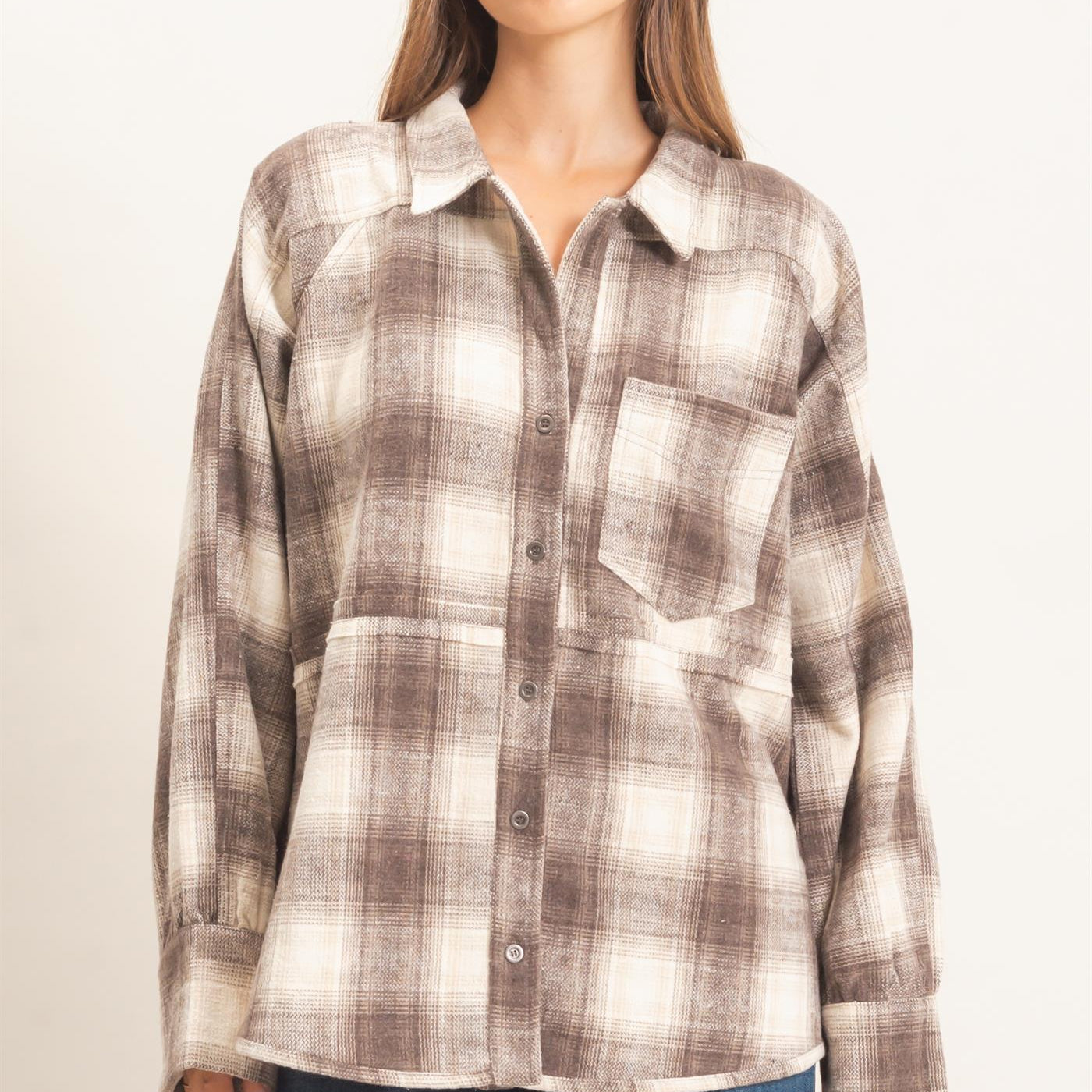 Wholesale Plaid Flannel Shirt Clothing Tops HF26C863 BROWN HYFVE