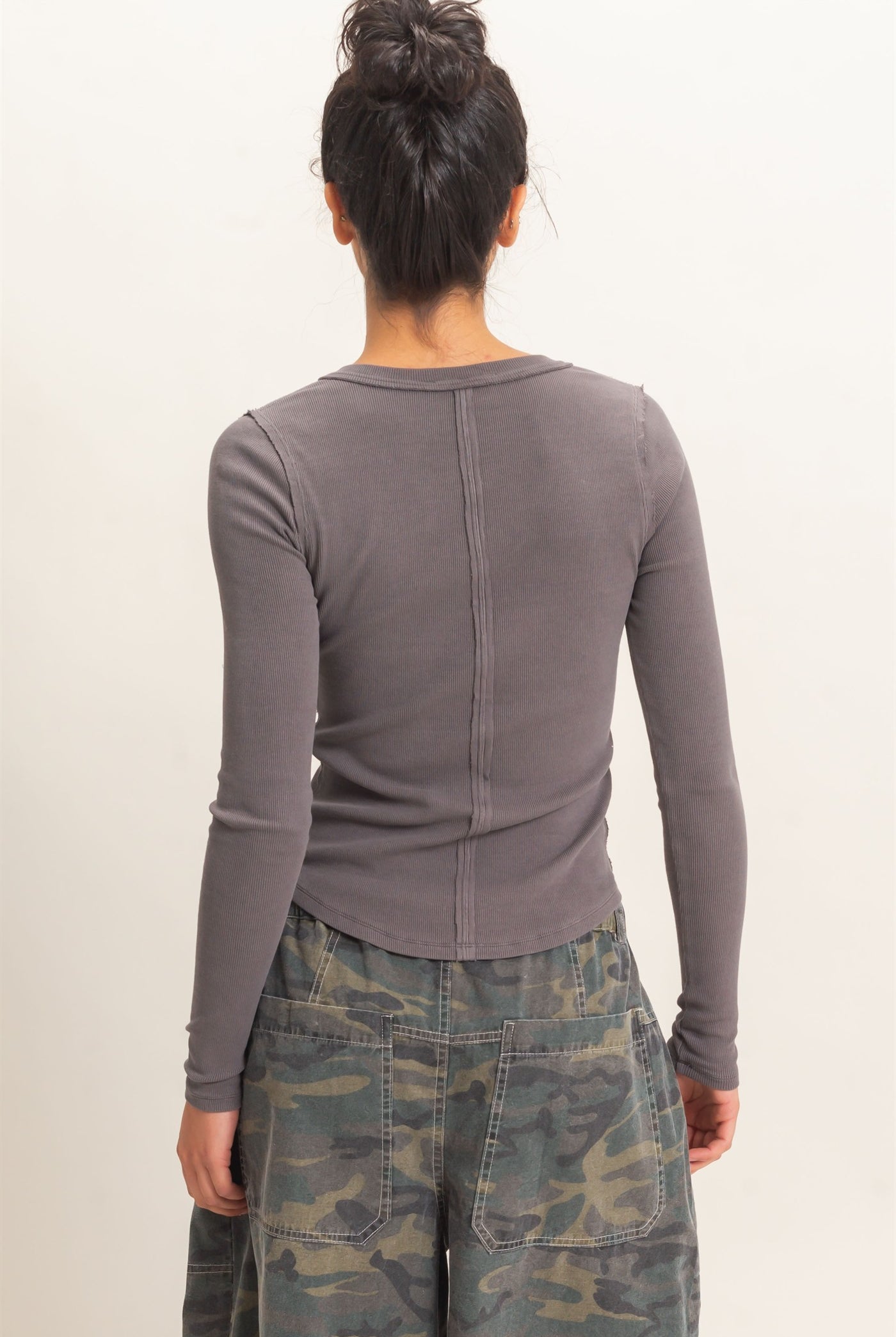 Wholesale Pigment Dye Henley Long Sleeve Top Clothing Tops DZ26C882 CHARCOAL DOUBLE ZERO