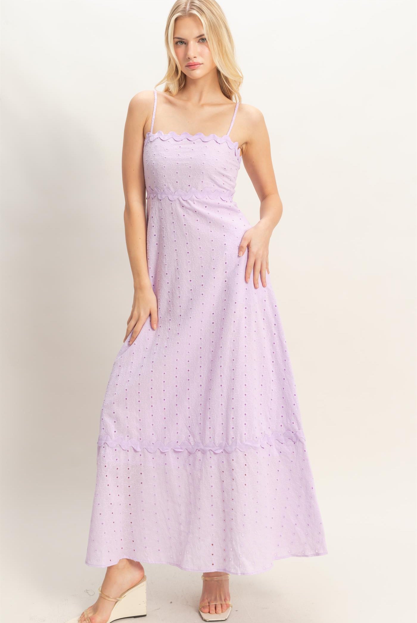 Wholesale Scallop Trim Eyelet Midi Dress Dresses HF26A694 LAVENDER HYFVE