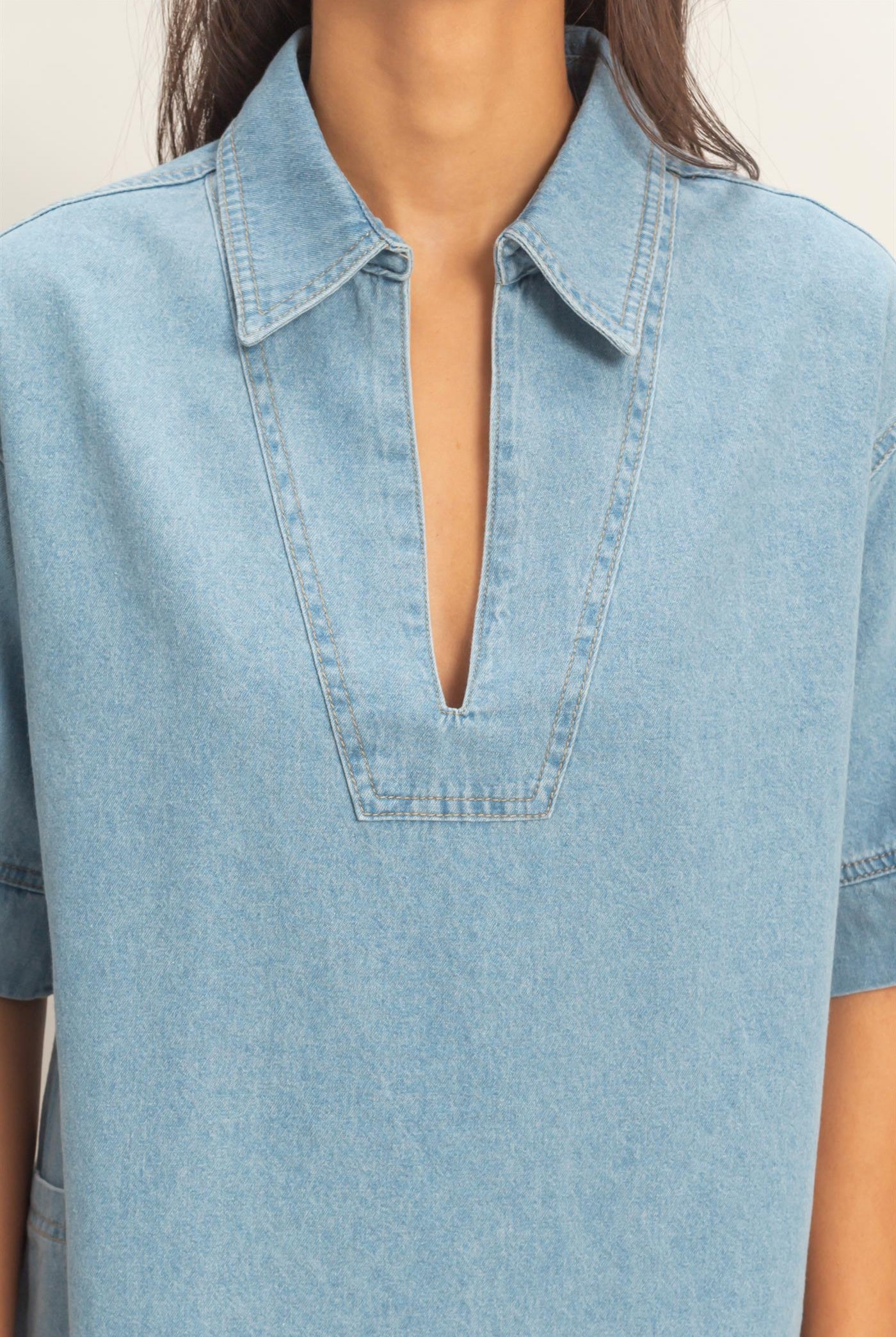 Wholesale Denim Collar Tunic Dress Dresses DZ25F163 LIGHT BLUE DOUBLE ZERO