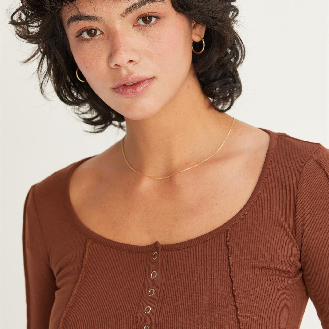 Wholesale Ribbed Long Sleeve Button Front Top Clothing Tops DZ25A025 CHESTNUT DOUBLE ZERO