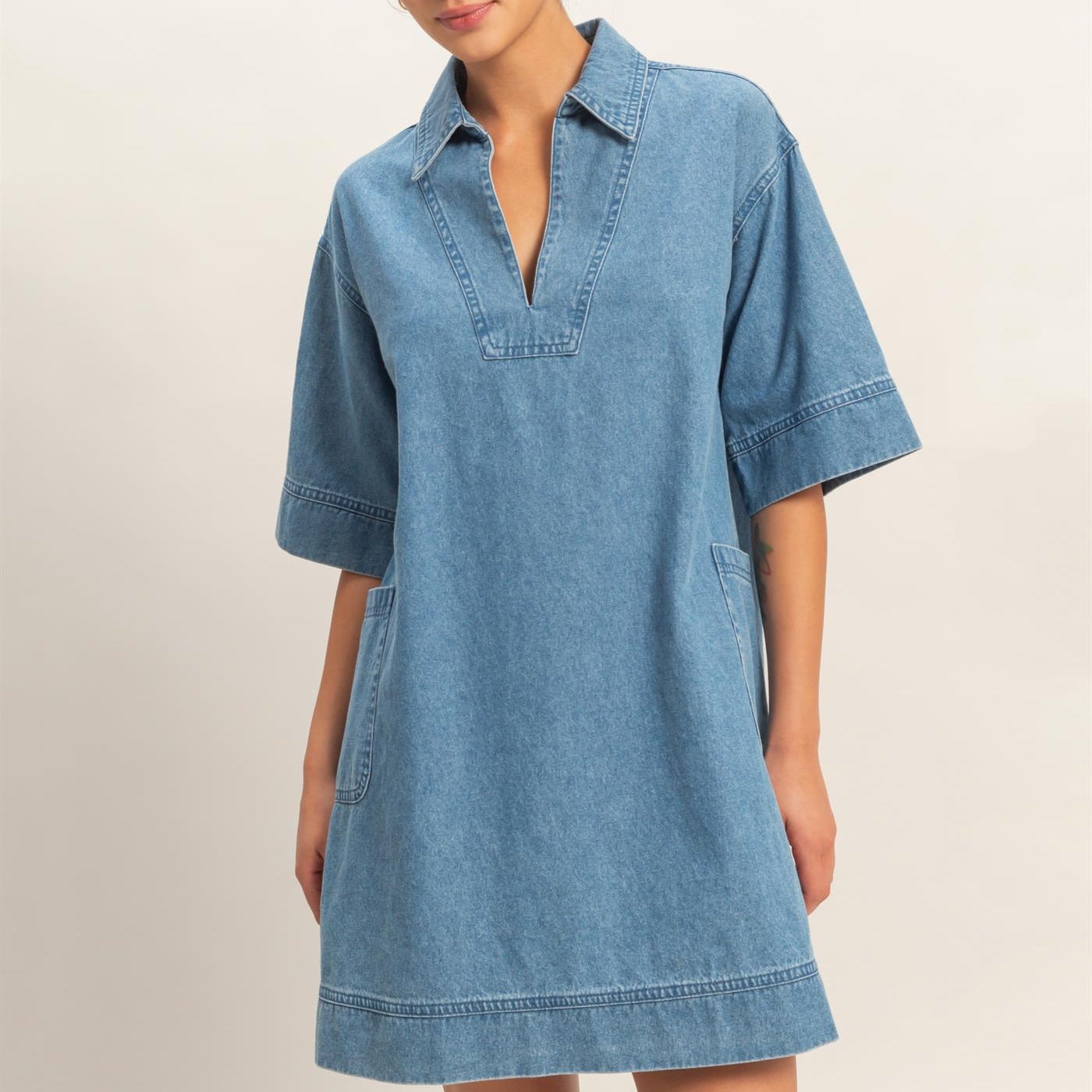 Wholesale Denim Collar Tunic Dress Dresses DZ25F163 MEDIUM BLUE DOUBLE ZERO