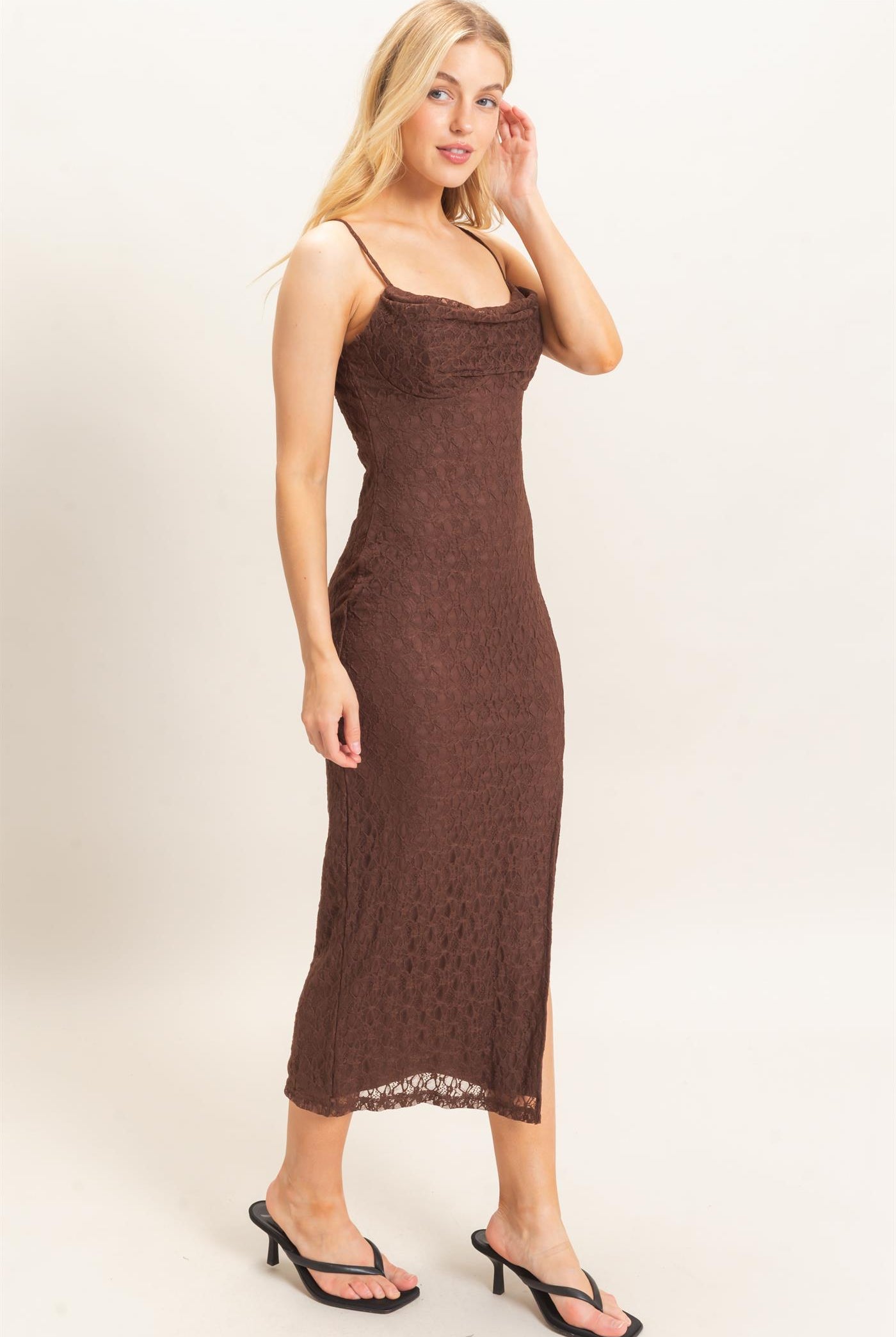 Wholesale Lace Midi Slip Dress Dresses HF26A879 CHOCOLATE HYFVE