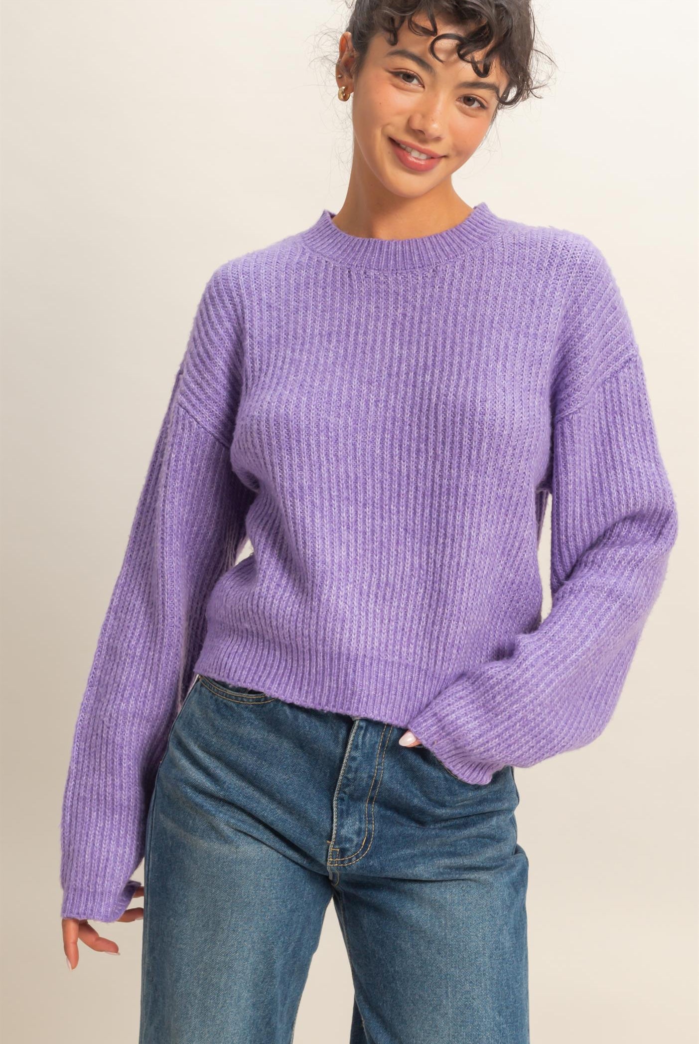 Wholesale Ribbed Crew Neck Sweater Sweaters DZ25F006 IRIS PURPLE DOUBLE ZERO