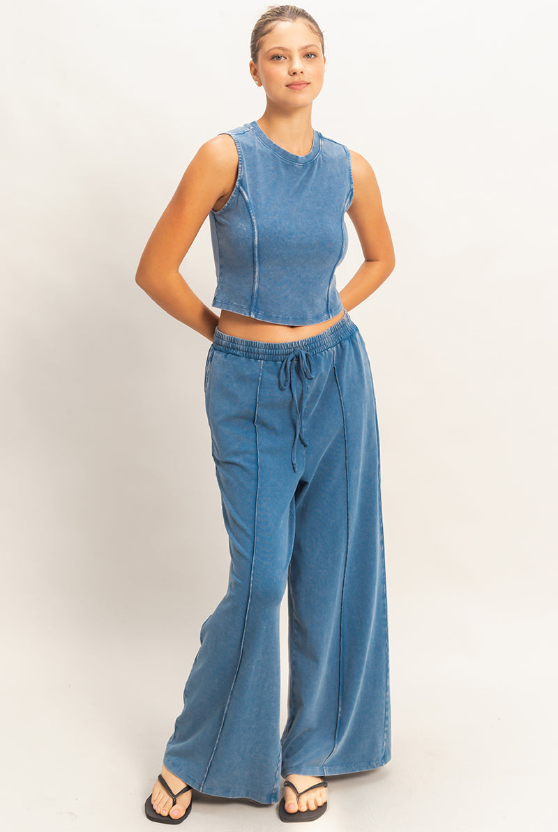 Wholesale Mineral Washed Sleeveless Top & Wide Leg Pants Set Clothing DZ26A371-SET NAVY DOUBLE ZERO