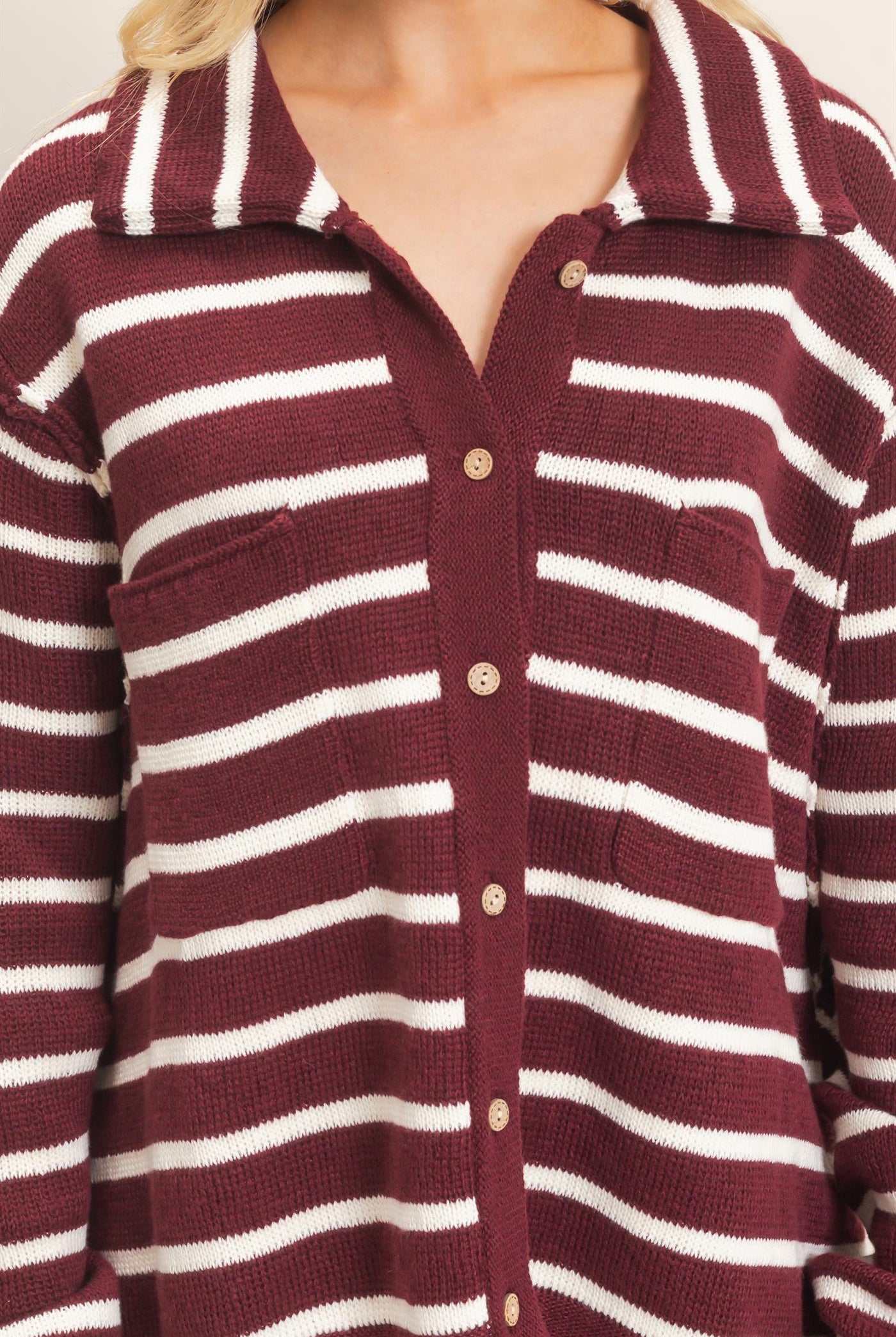 Wholesale Striped Button Front Cardigan Sweaters HF26F197 WINE HYFVE
