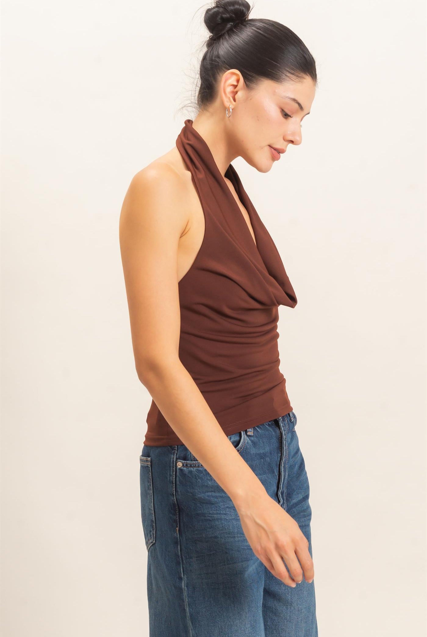 Wholesale Cowl Halter Neck Top Clothing Tops HF26E408 CHOCOLATE HYFVE