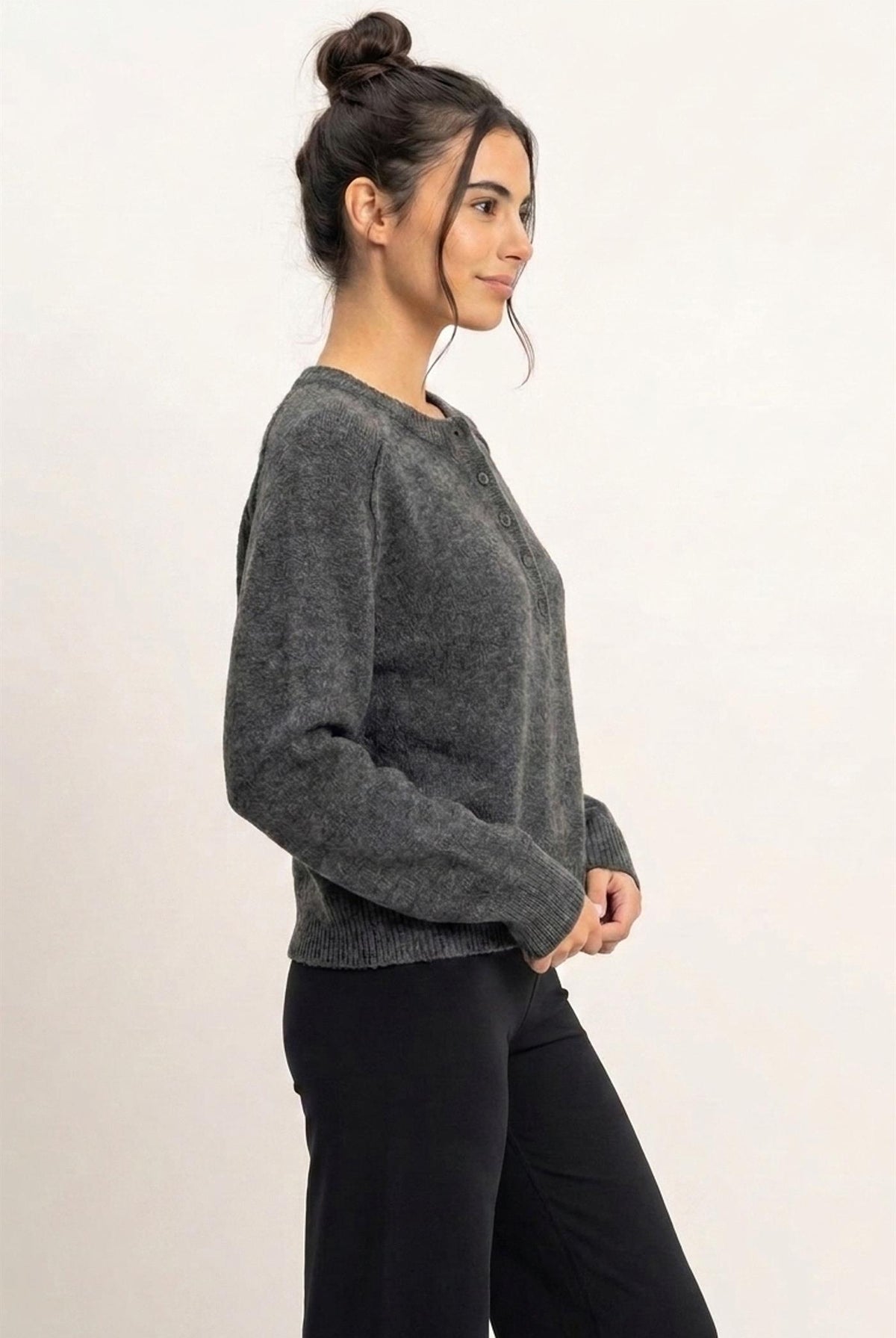Wholesale Henley Sweater With Reverse Seams Sweaters DZ26F004 CHARCOAL DOUBLE ZERO