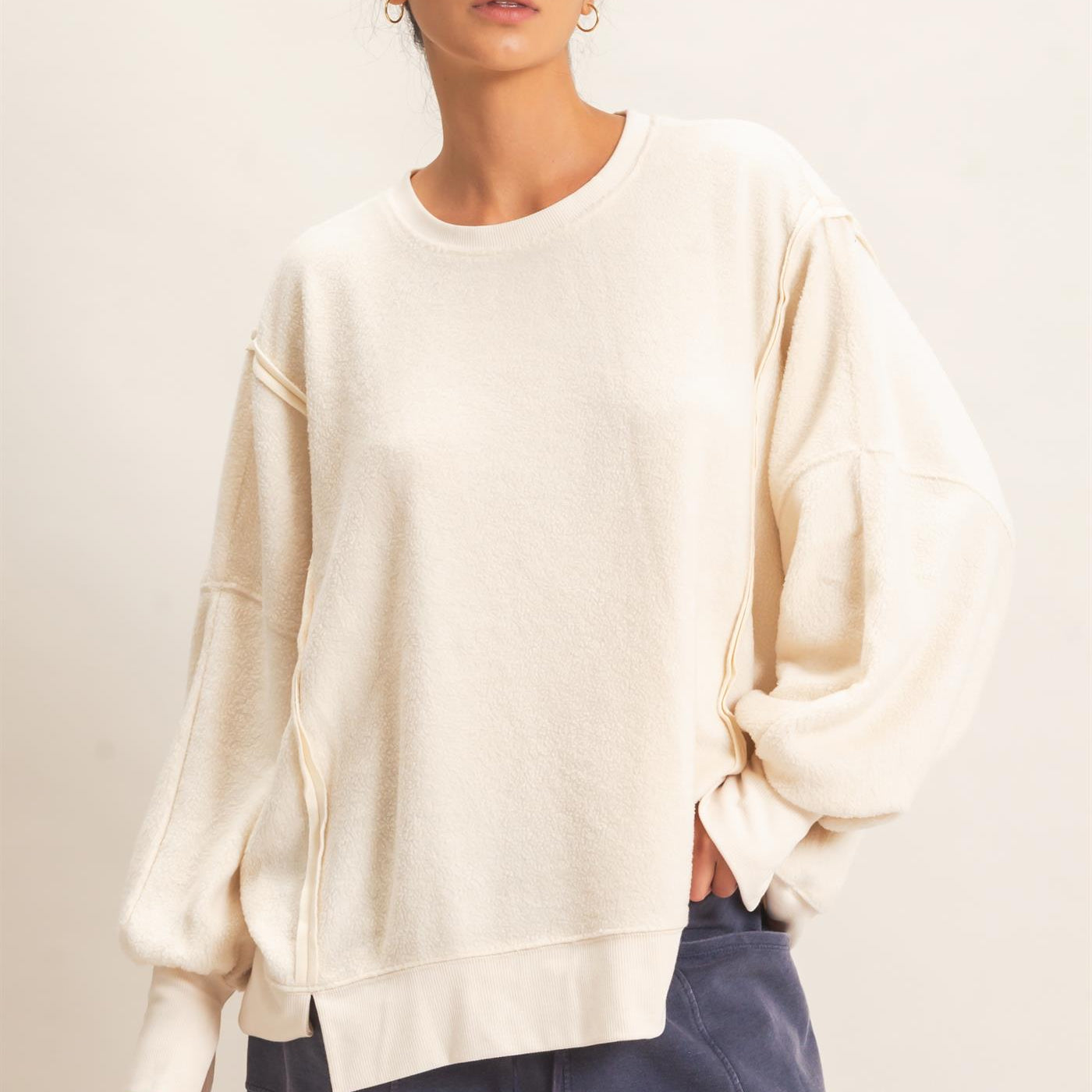 Wholesale Oversized Raw Edge Crew Neck Sweatshirt Sweatshirts DZ26E273 IVORY DOUBLE ZERO