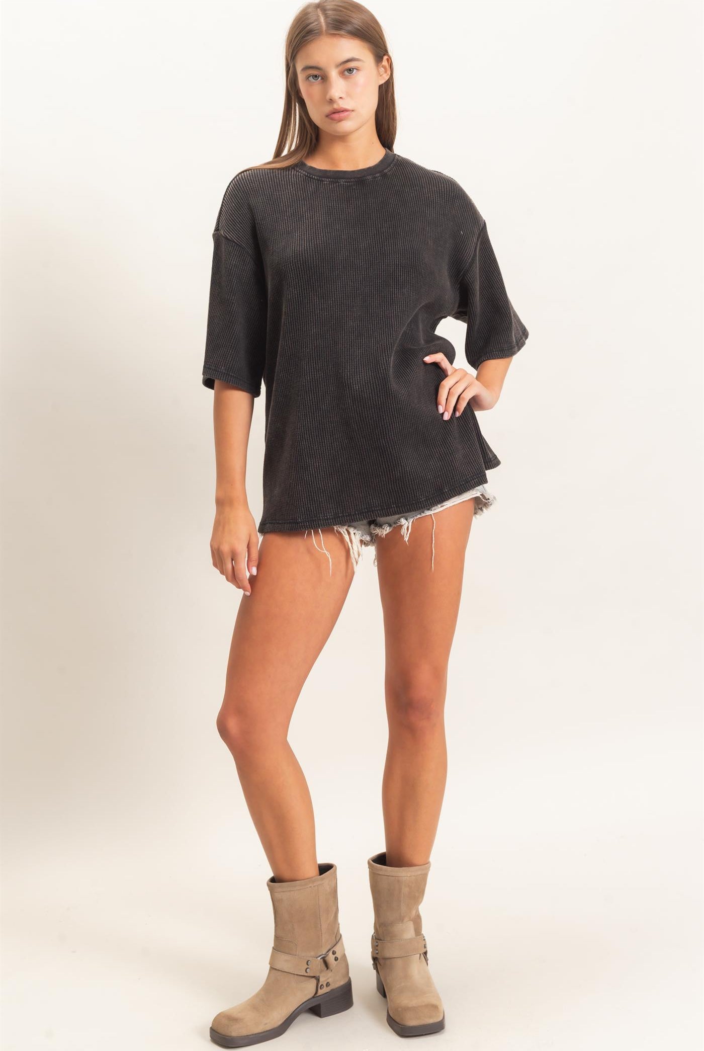 Wholesale Mineral Wash Waffle Crew Neck Short Sleeve Top Clothing Tops DZ26E328 BLACK DOUBLE ZERO
