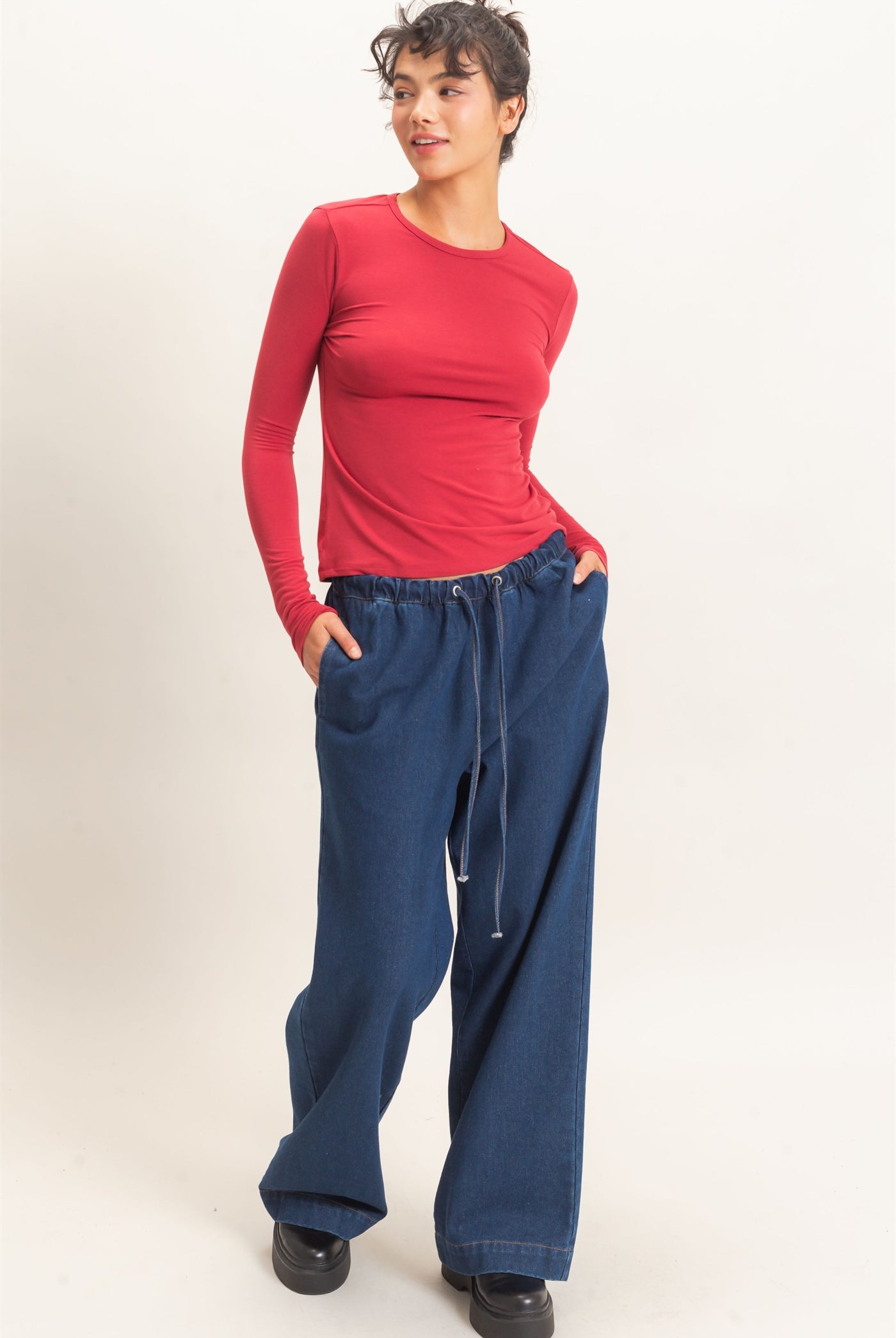 Wholesale Crew Neck Long Sleeve Top Clothing Tops DZ26E258 DARK RED DOUBLE ZERO