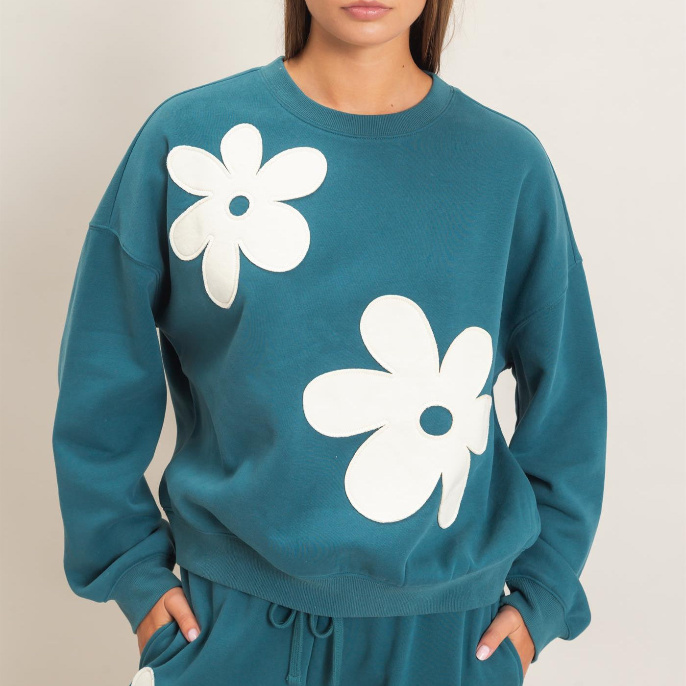 Wholesale Floral Applique Crew Neck Sweatshirt Sweatshirts DZ26E708 DARK TEAL DOUBLE ZERO