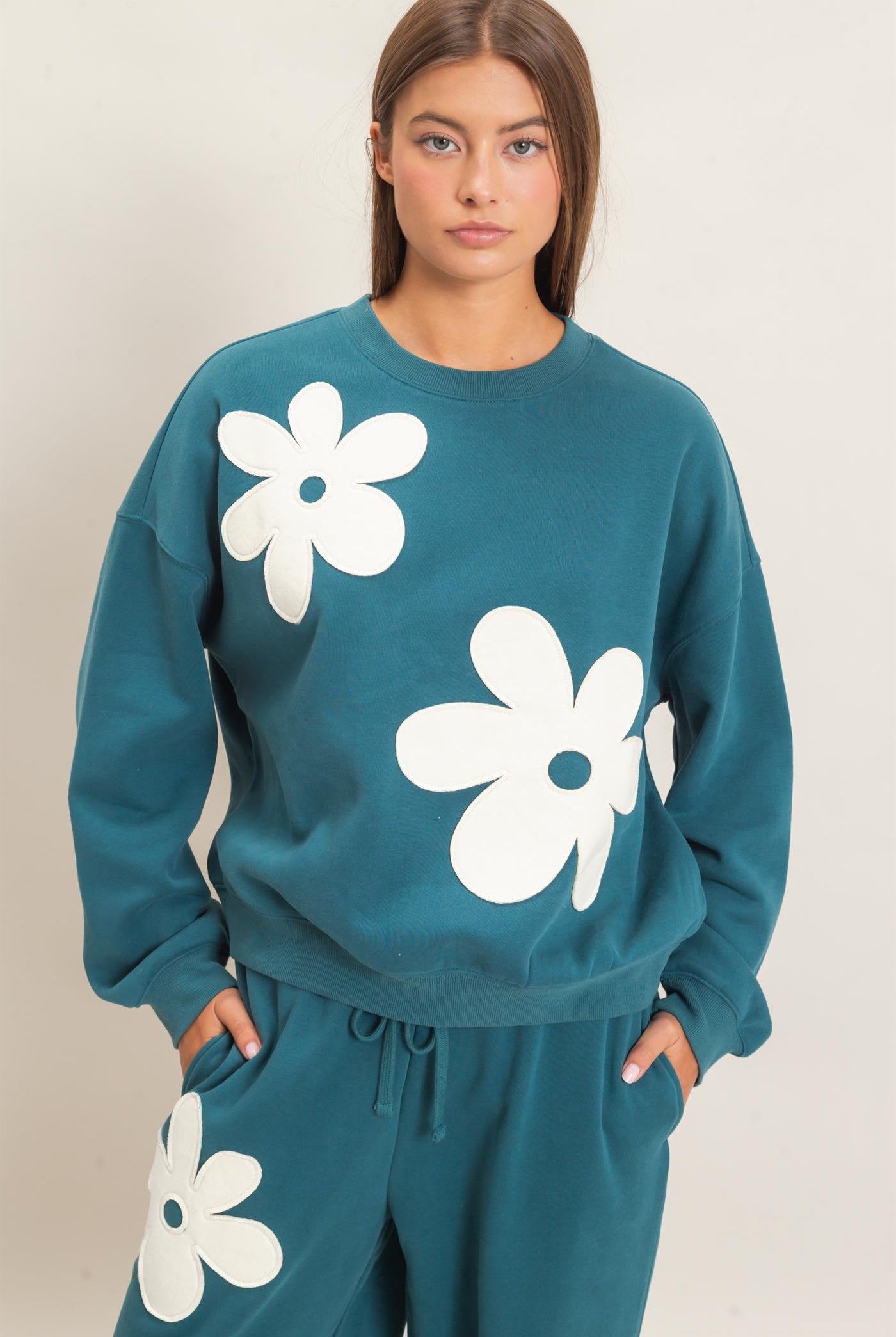 Wholesale Floral Applique Crew Neck Sweatshirt Sweatshirts DZ26E708 DARK TEAL DOUBLE ZERO