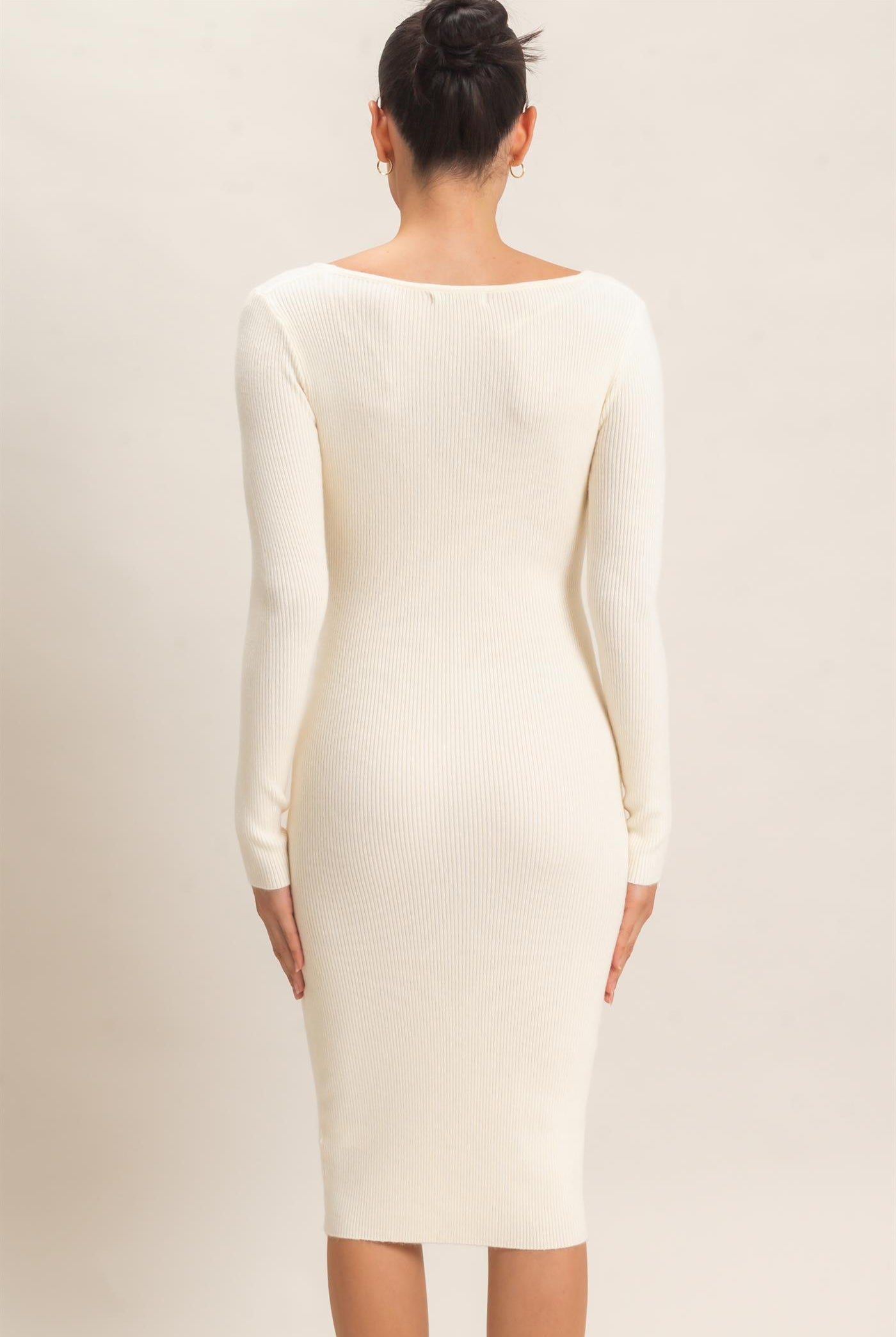Wholesale Ribbed V-Neck Long Sleeve Dress Dresses HF26E217 WARM CREAM HYFVE