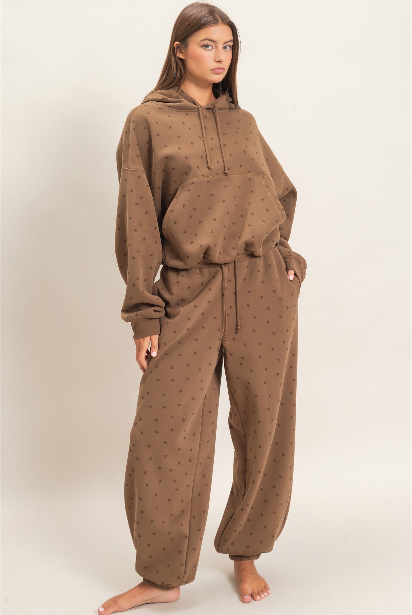 Wholesale Star Print Bubble Hoodie Hoodies DZ26C911 MOCHA DOUBLE ZERO