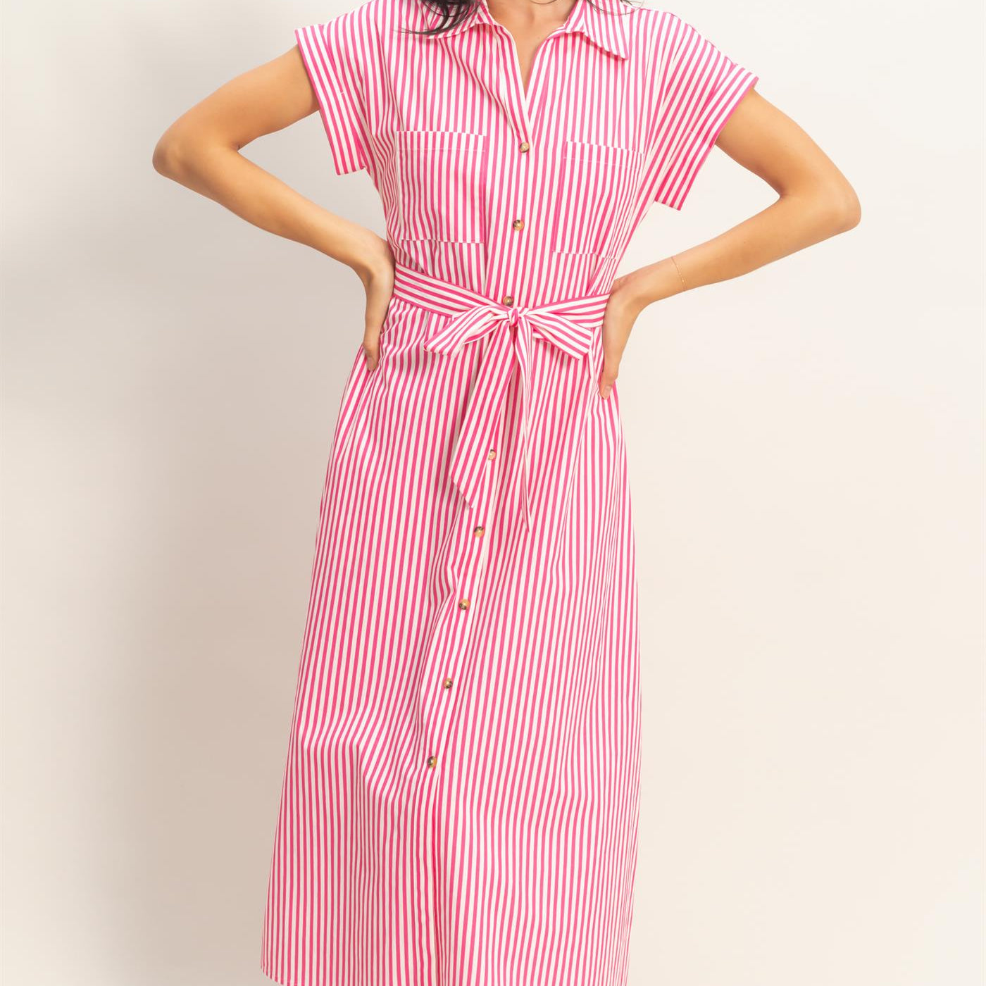 Wholesale Striped Poplin Belted Shirt Dress With Pockets Dresses DZ26C129 PINK DOUBLE ZERO