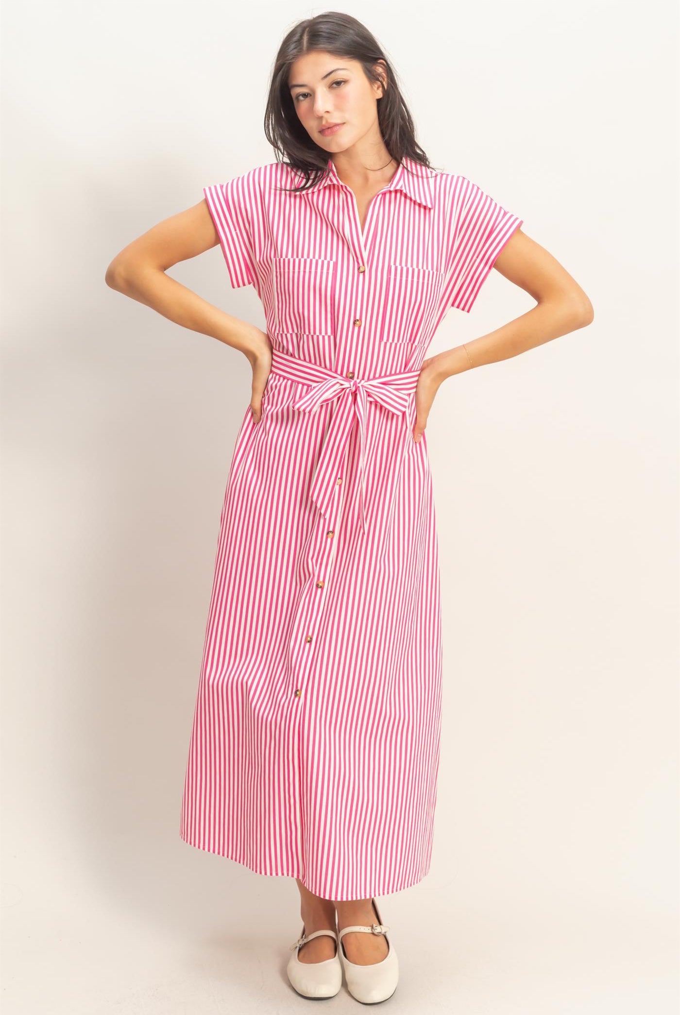 Wholesale Striped Poplin Belted Shirt Dress With Pockets Dresses DZ26C129 PINK DOUBLE ZERO