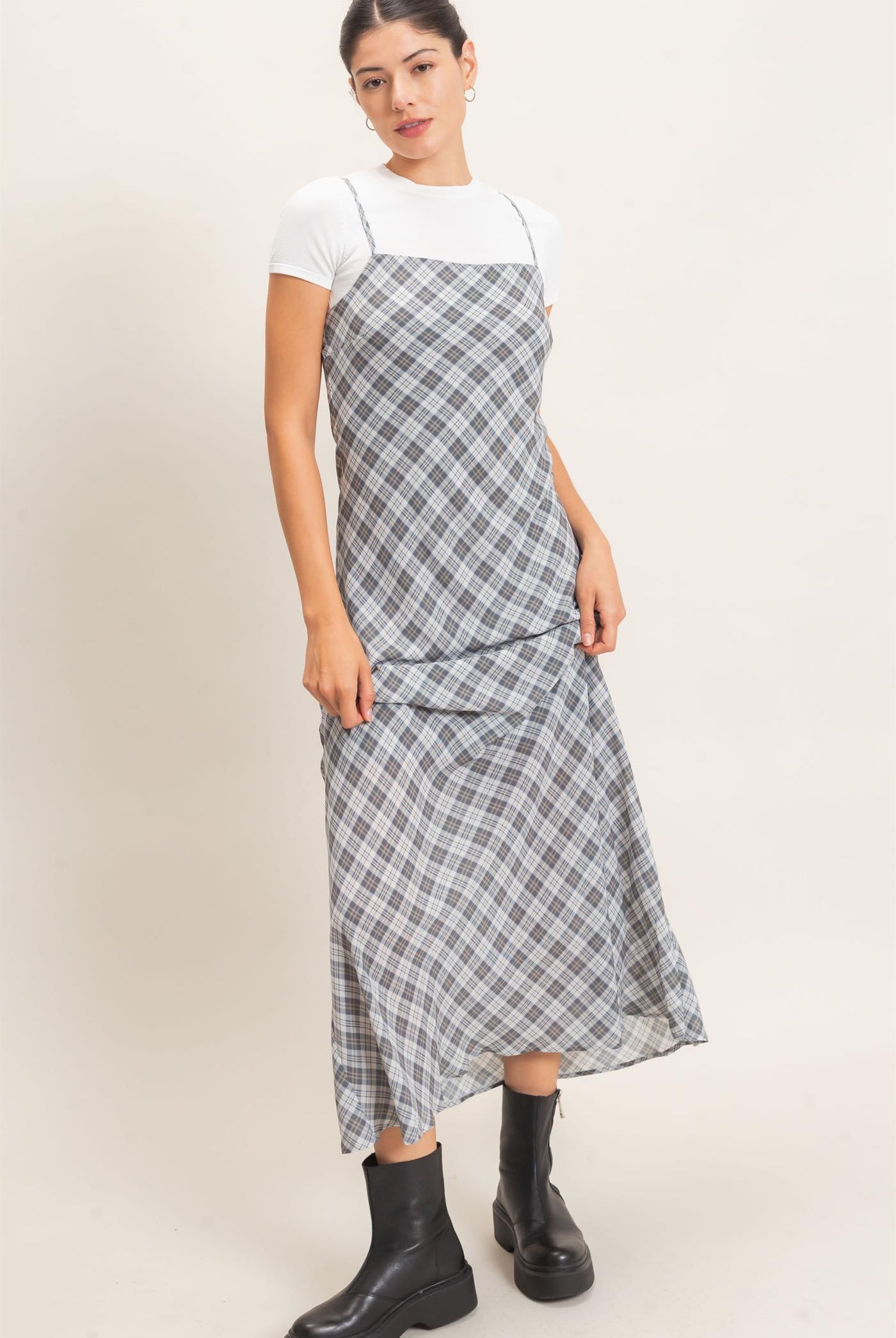 Wholesale Plaid Spaghetti Strap Maxi Dress Dresses HF26E573 GRAY HYFVE