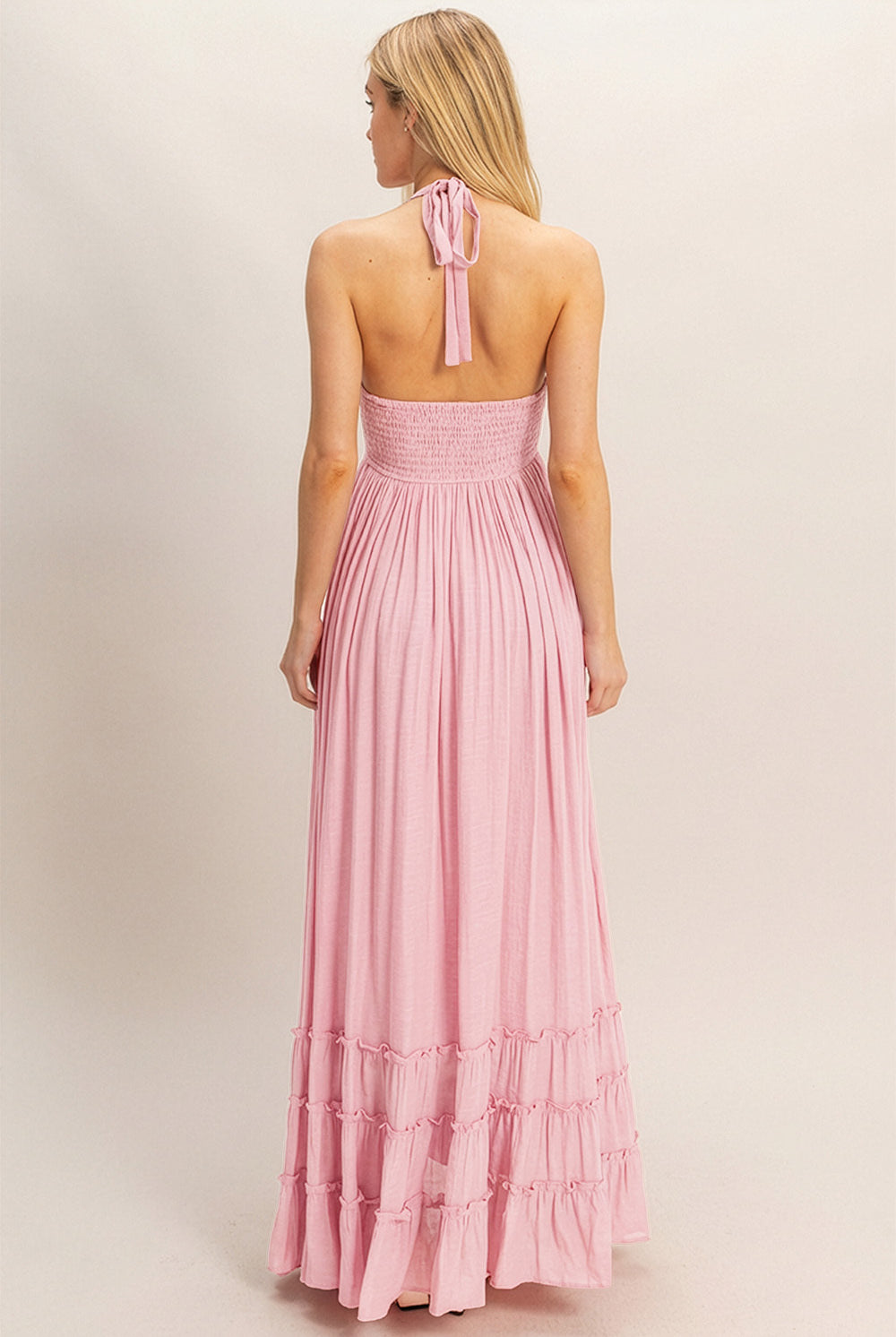 Wholesale Halter Neck Smocked Maxi Dress Dresses HF26C287-D PINK HYFVE
