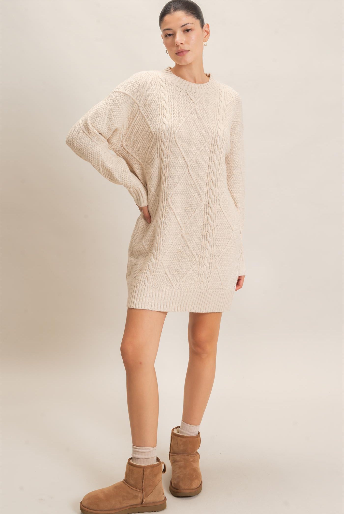 Wholesale Cable Knit Crew Neck Dress Dresses HF26F006 CREAM HYFVE