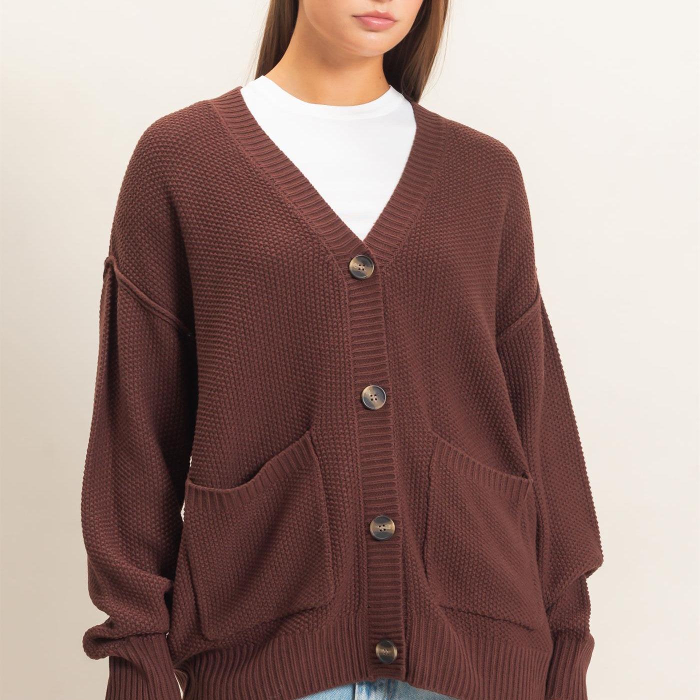 Wholesale Textured Oversized Knit Buttoned Cardigan Cardigans DZ26C971 DARK BROWN DOUBLE ZERO