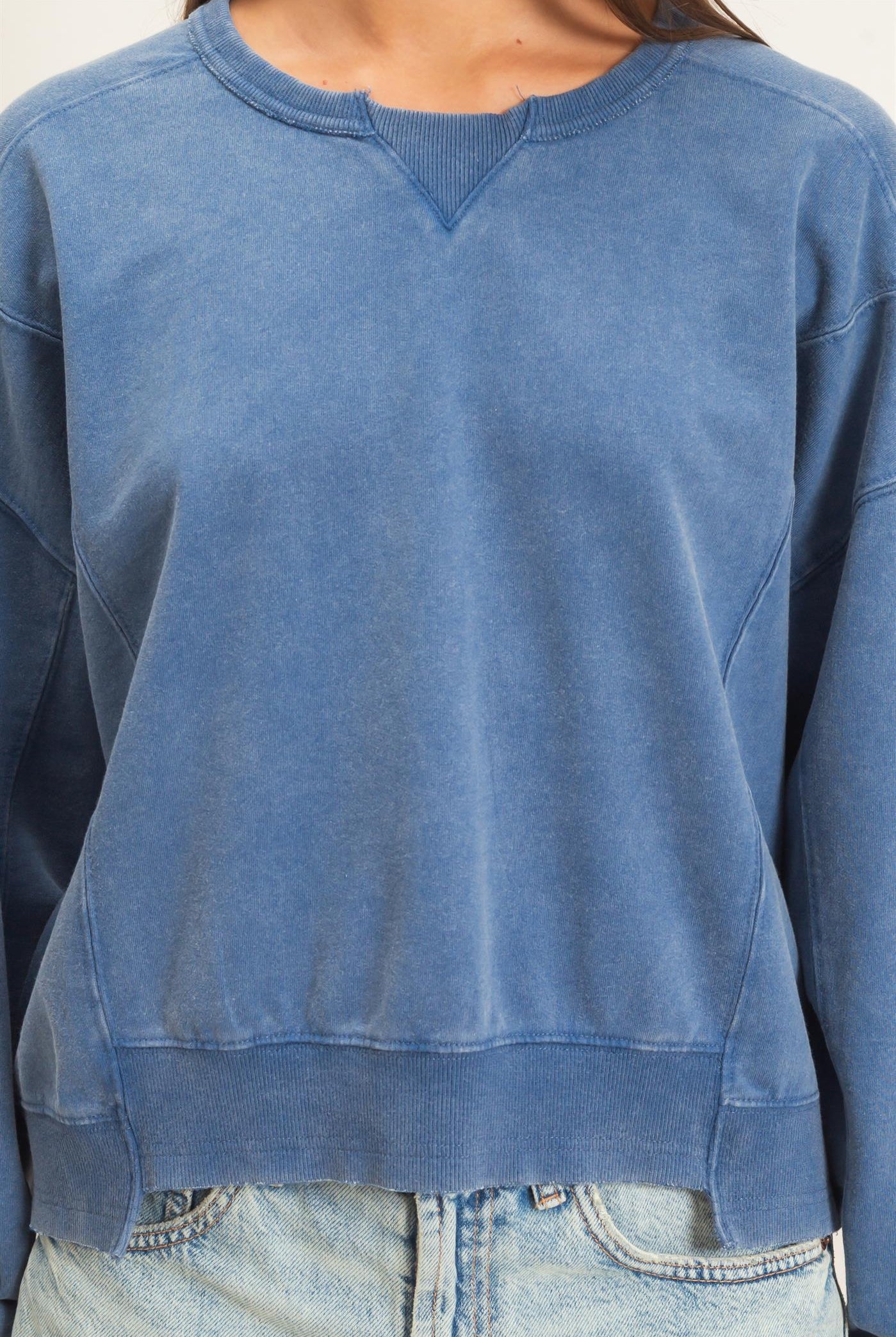 Wholesale Acid Wash Seam Detail Crew Neck Sweatshirt Sweatshirts DZ26E260 NAVY DOUBLE ZERO