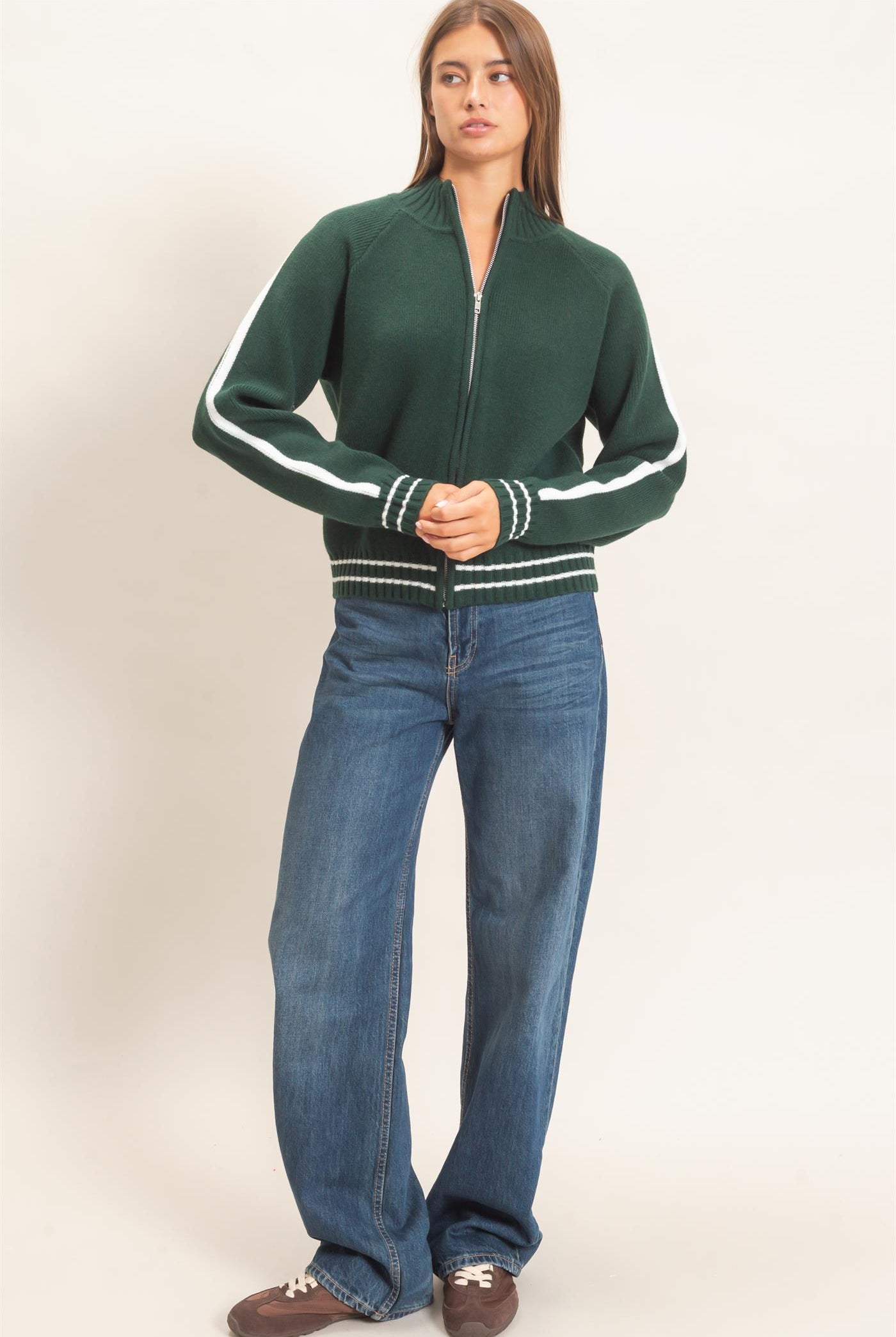 Wholesale Contrast Stripe Zip-Up Sweater Sweaters DZ26E861 DARK GREEN DOUBLE ZERO