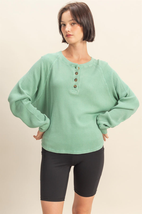 Mineral Washed Henley Waffle Raglan Sleeve Top