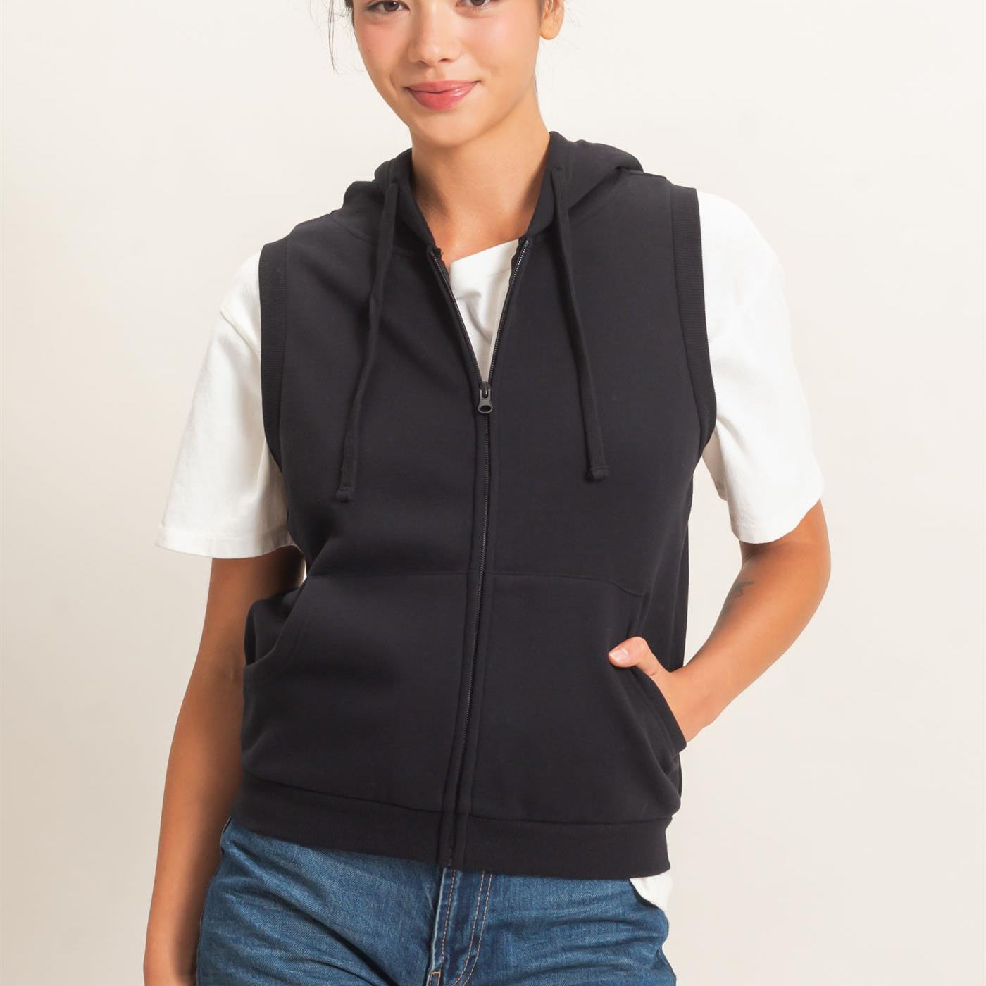 Wholesale Sleeveless Zip Up Hoodie Hoodies DZ26E330 BLACK DOUBLE ZERO