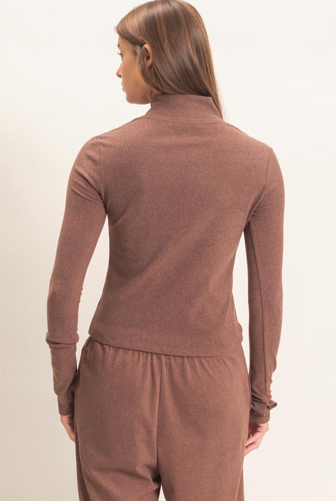 Wholesale Mock Neck Long Sleeve Zip Up Top Clothing Tops DZ26E911 DARK BROWN DOUBLE ZERO