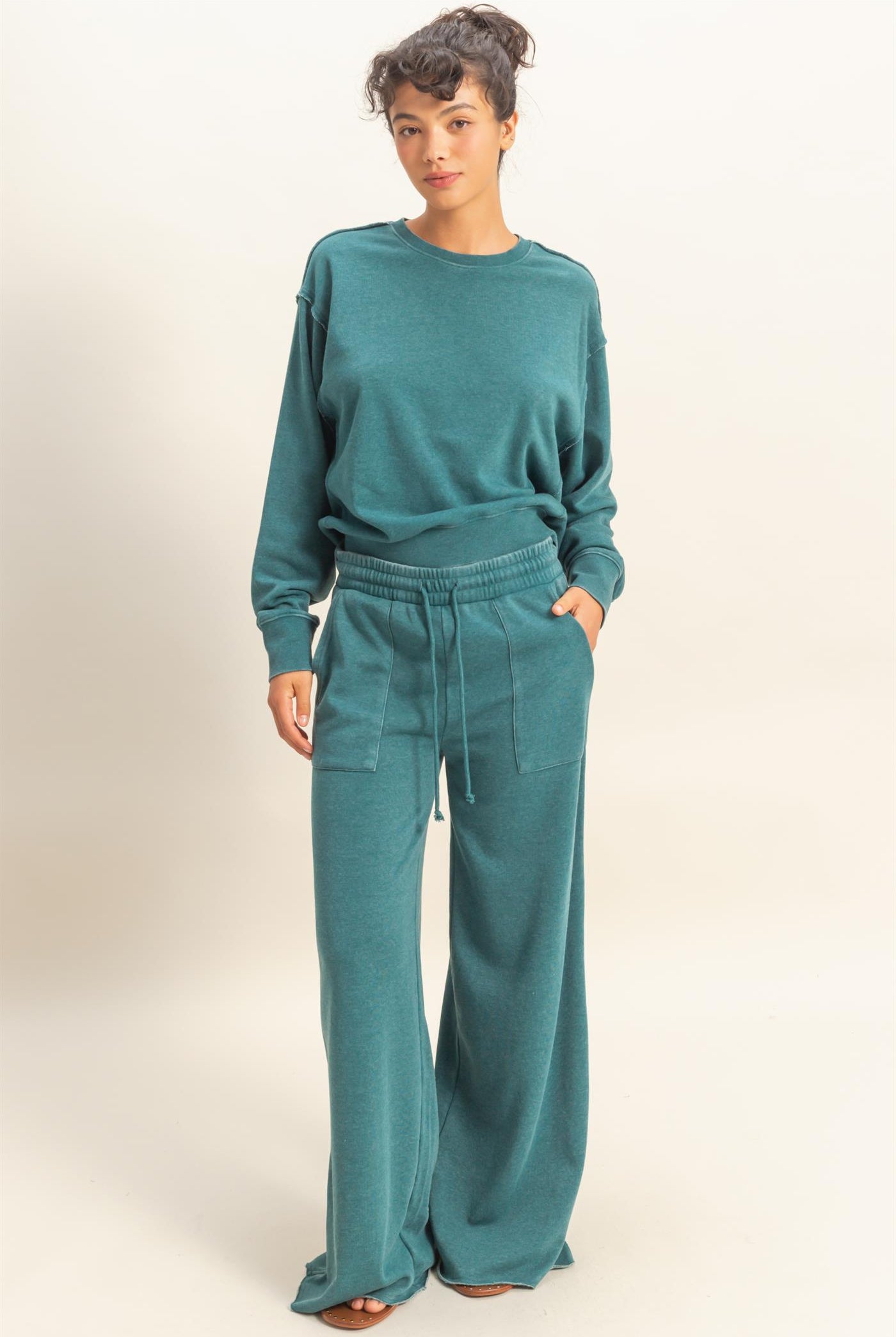 Wholesale Burnout French Terry Wide-Leg Pants Pants DZ26A259 DARK TEAL DOUBLE ZERO