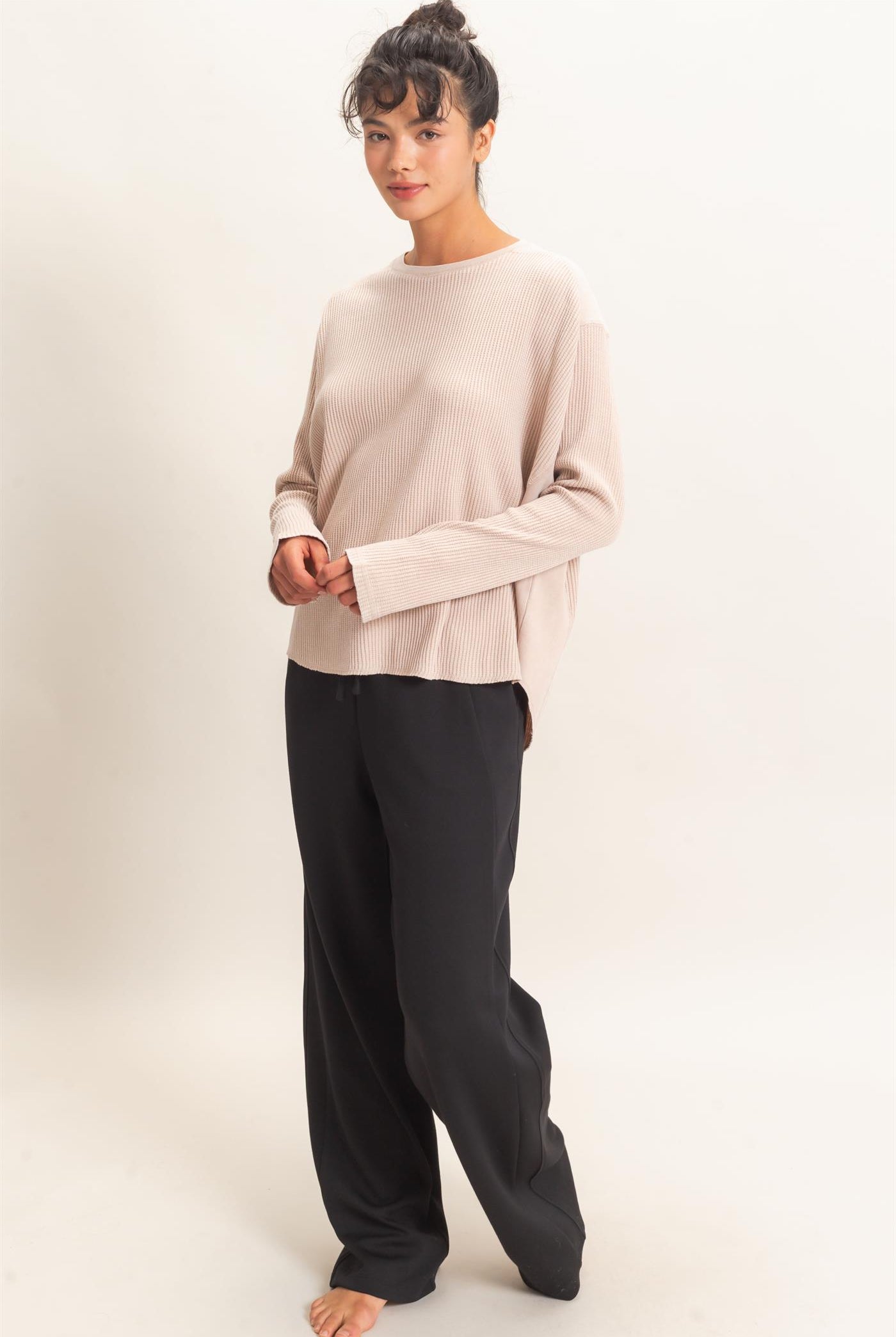 Wholesale Oversized Mineral Washed Waffle Knit Top Clothing Tops DZ26E654 DARK TAUPE DOUBLE ZERO