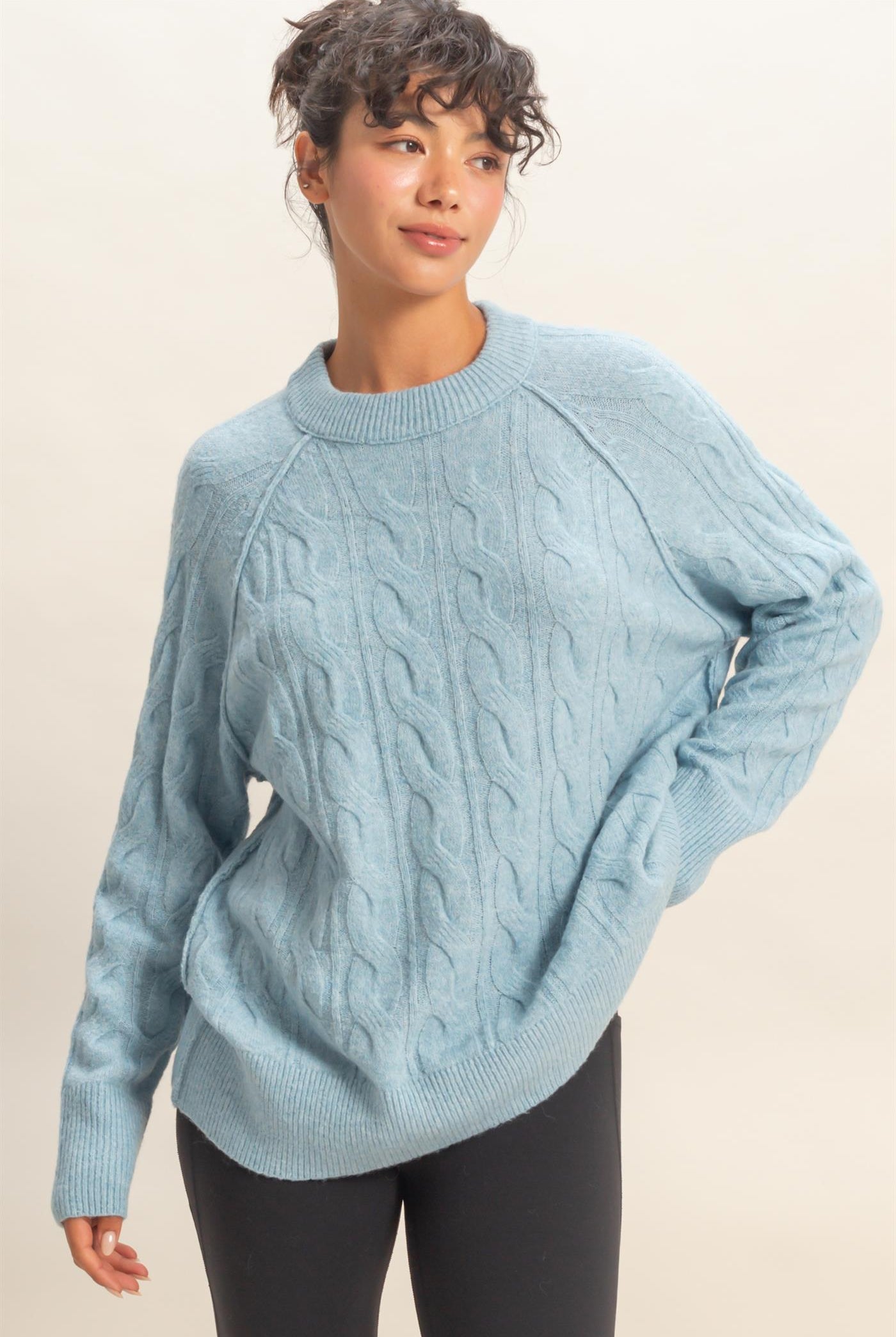 Wholesale Crew Neck Cable Knit Sweater Pullover Sweaters DZ25E957 SKY BLUE HYFVE