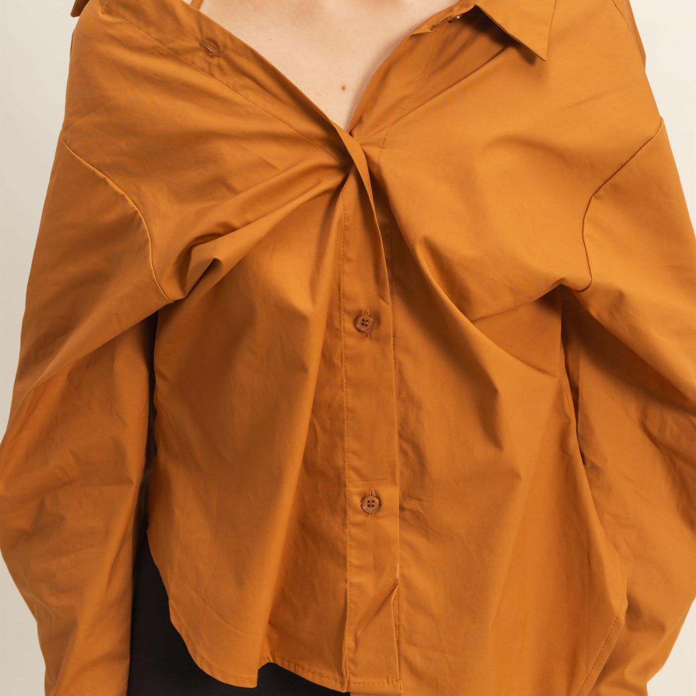 Wholesale Off-The-Shoulder Asymmetrcal Button-Up Shirt Clothing Tops HF22G139 CAMEL HYFVE