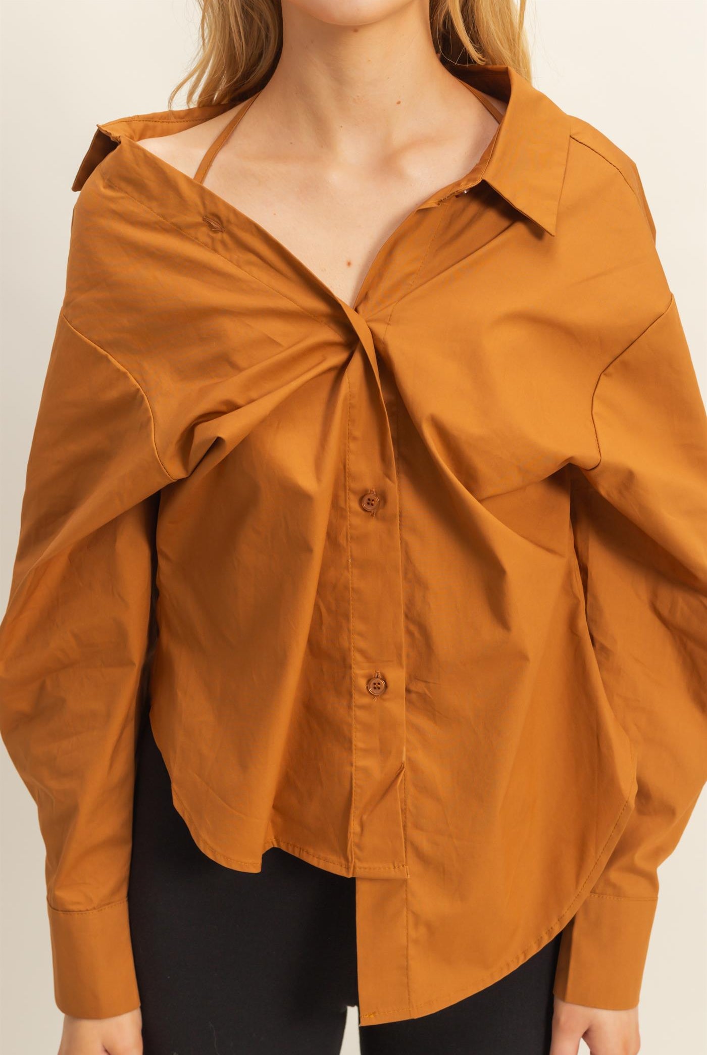 Wholesale Off-The-Shoulder Asymmetrcal Button-Up Shirt Clothing Tops HF22G139 CAMEL HYFVE