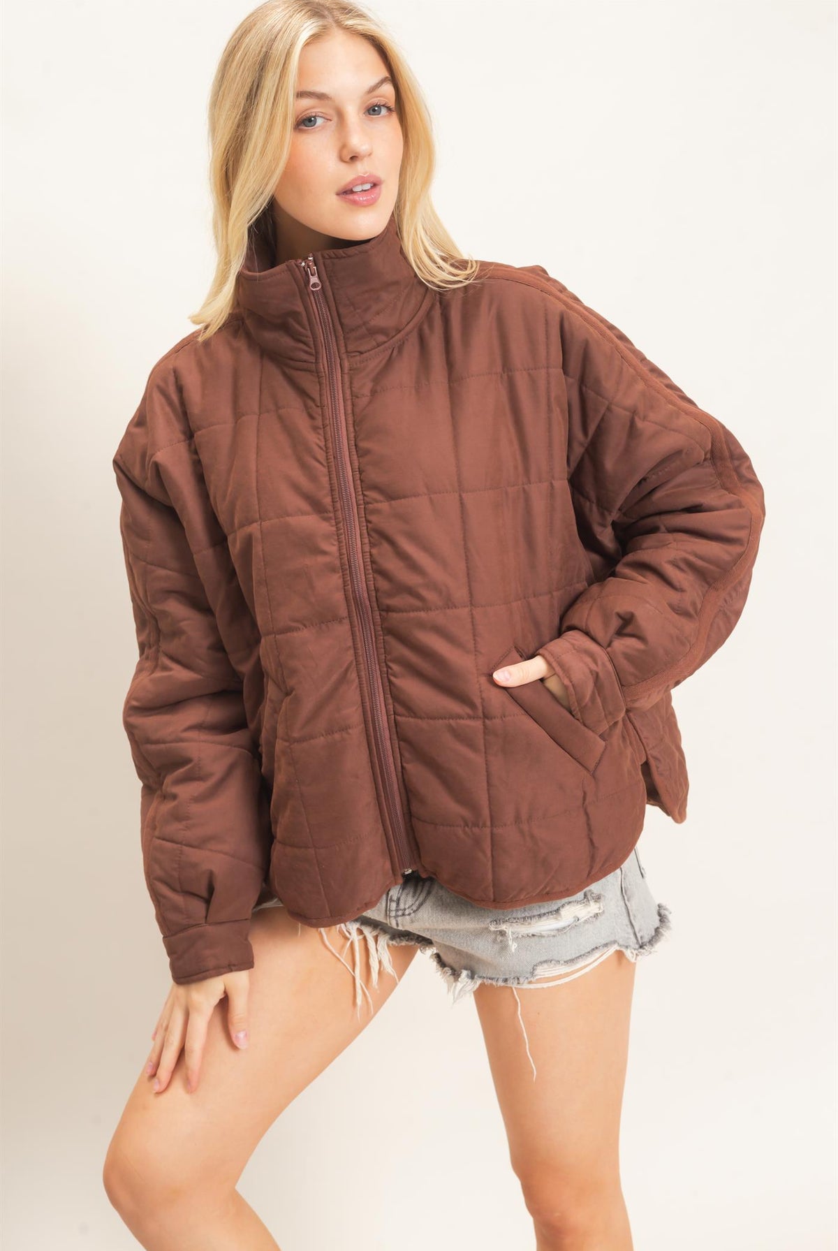 Wholesale Quilted High Collar Jacket Coats & Jackets HF26F167-D BROWN HYFVE