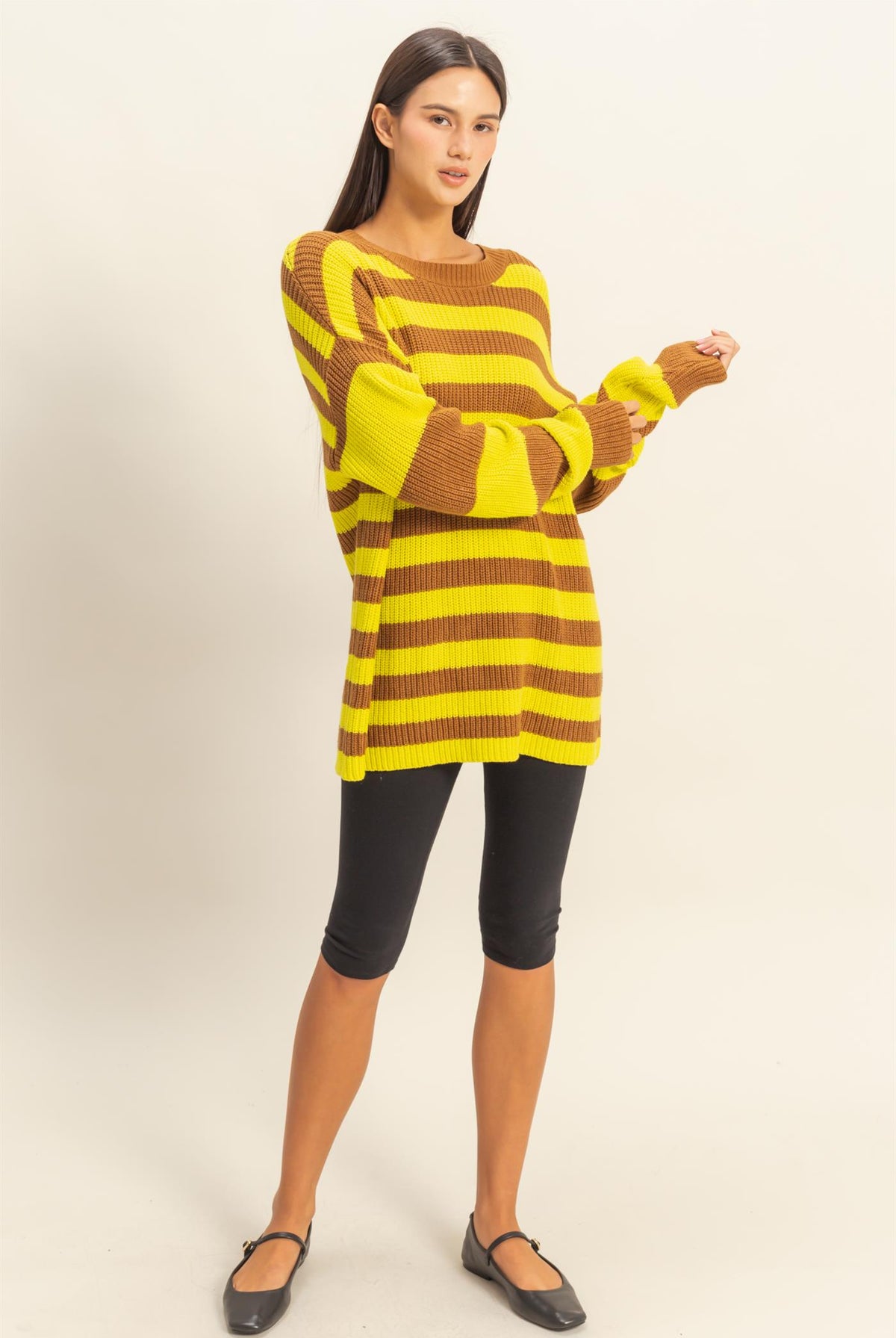 Wholesale Striped Long Sleeve Sweater Clothing Tops DZ23F071 BROWN/YELLOW DOUBLE ZERO