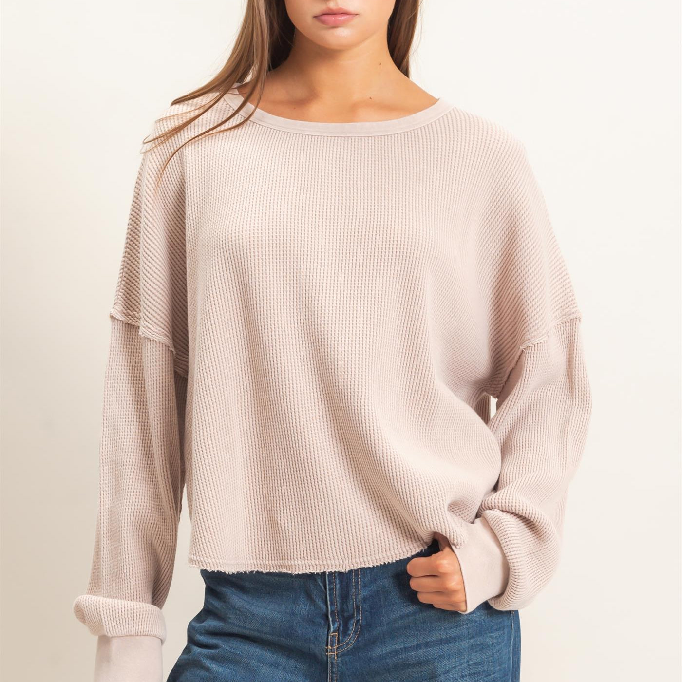 Wholesale Mineral Wash Waffle Oversized Top Clothing Tops DZ26E248 LIGHT TAUPE DOUBLE ZERO