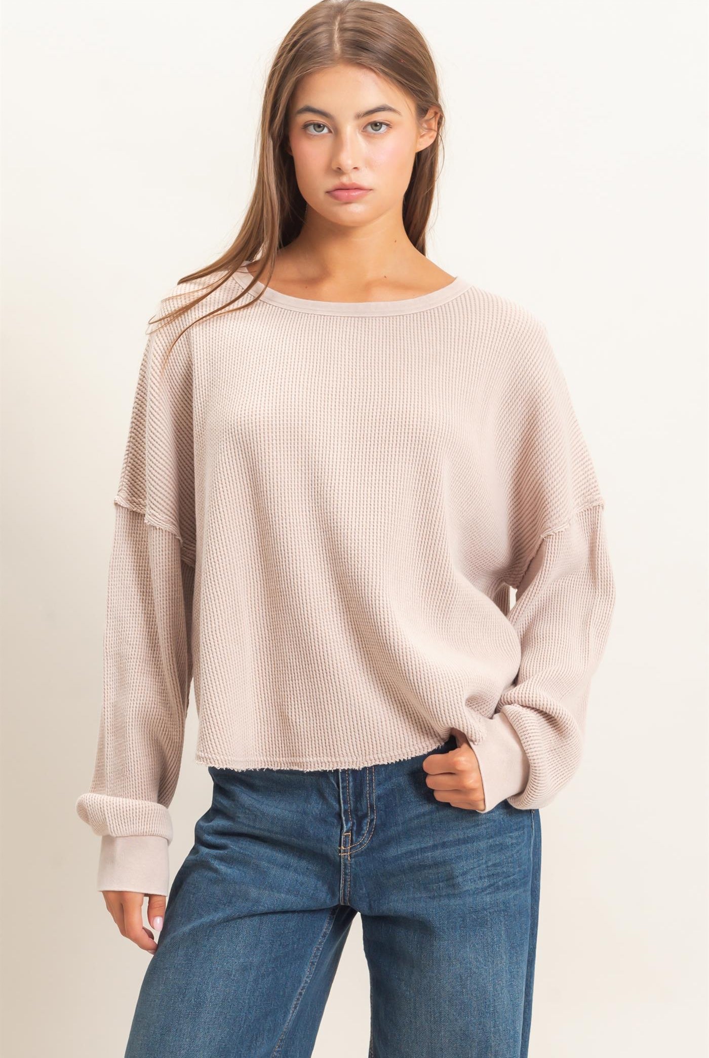 Wholesale Mineral Wash Waffle Oversized Top Clothing Tops DZ26E248 LIGHT TAUPE DOUBLE ZERO