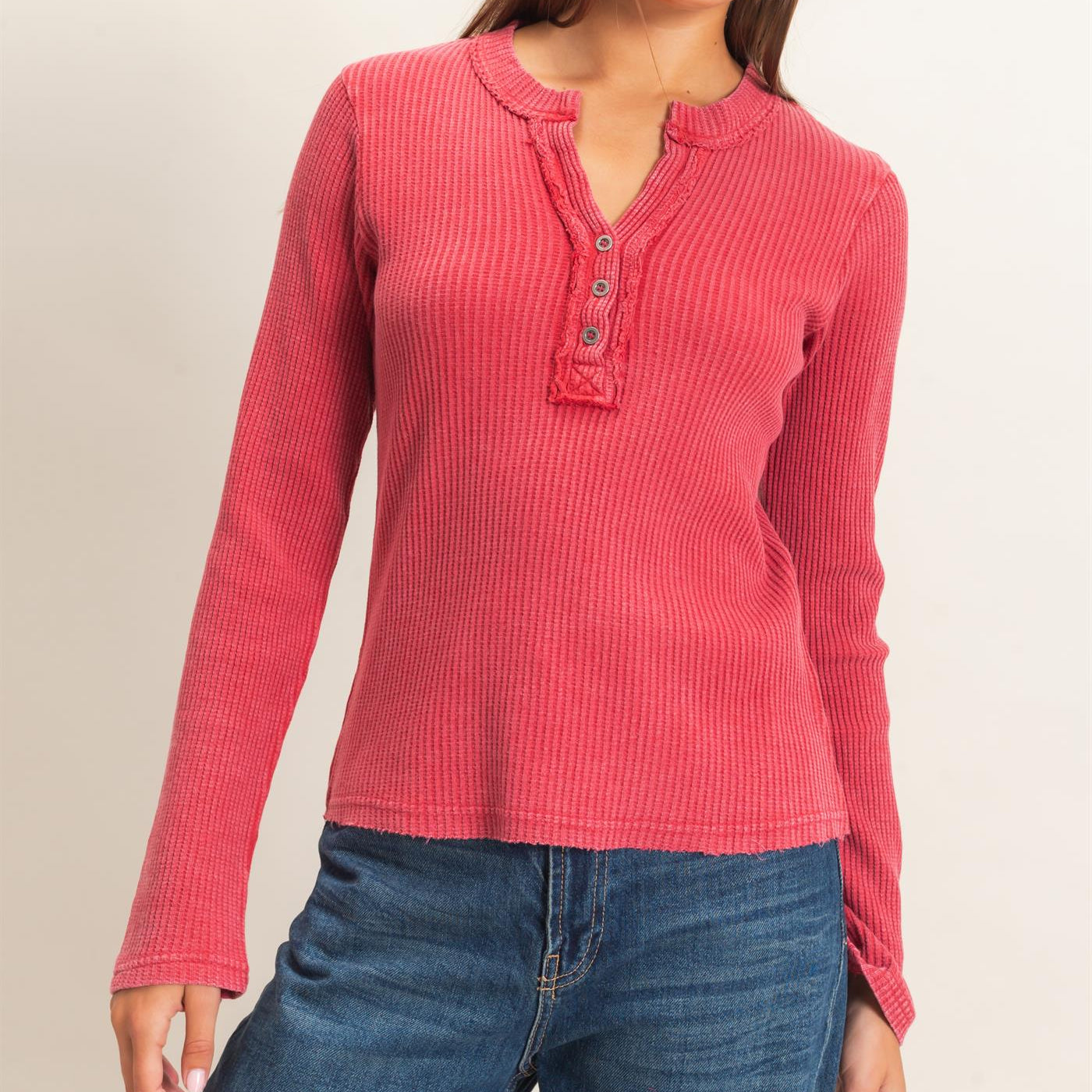 Wholesale Mineral Wash Waffle Henley Long Sleeve Top Clothing Tops DZ26E243 DARK RED DOUBLE ZERO