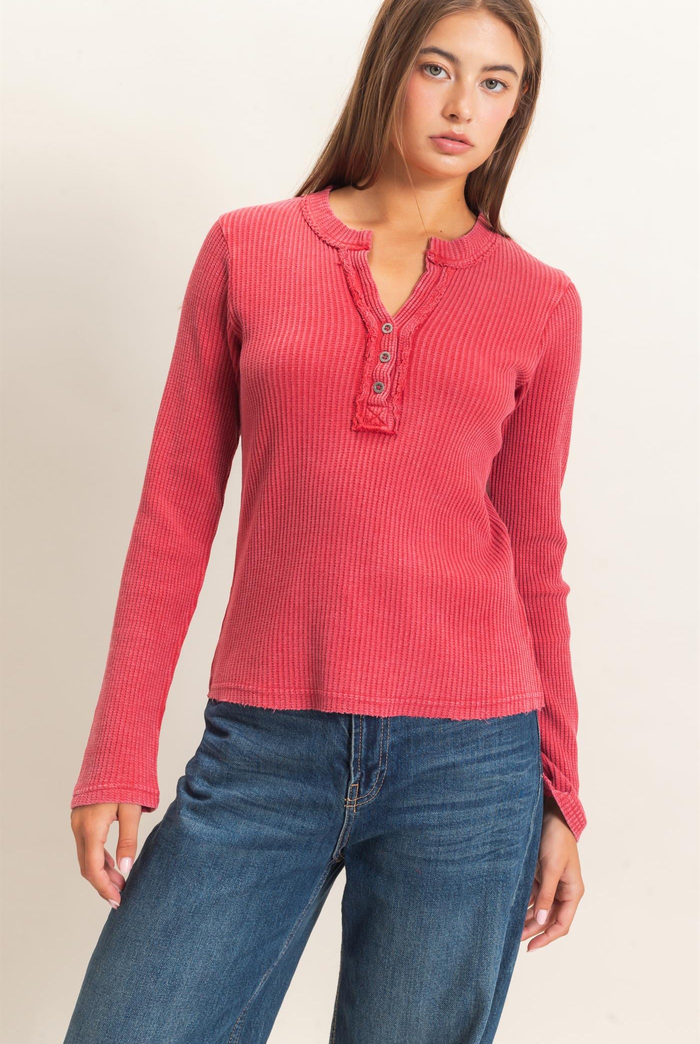 Wholesale Mineral Wash Waffle Henley Long Sleeve Top Clothing Tops DZ26E243 DARK RED DOUBLE ZERO