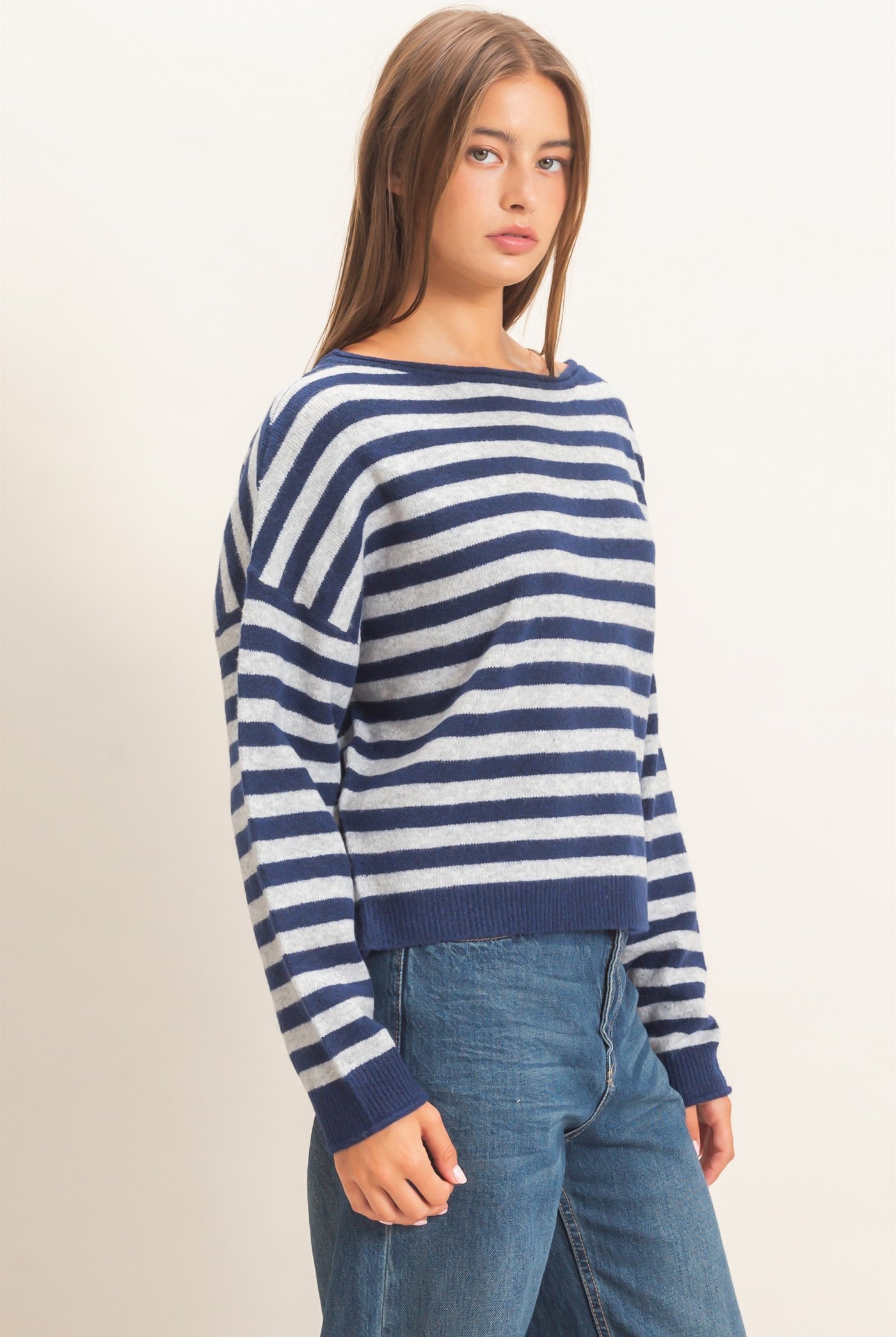 Wholesale Off The Shoulder Striped Sweater Sweaters DZ26E653 NAVY DOUBLE ZERO
