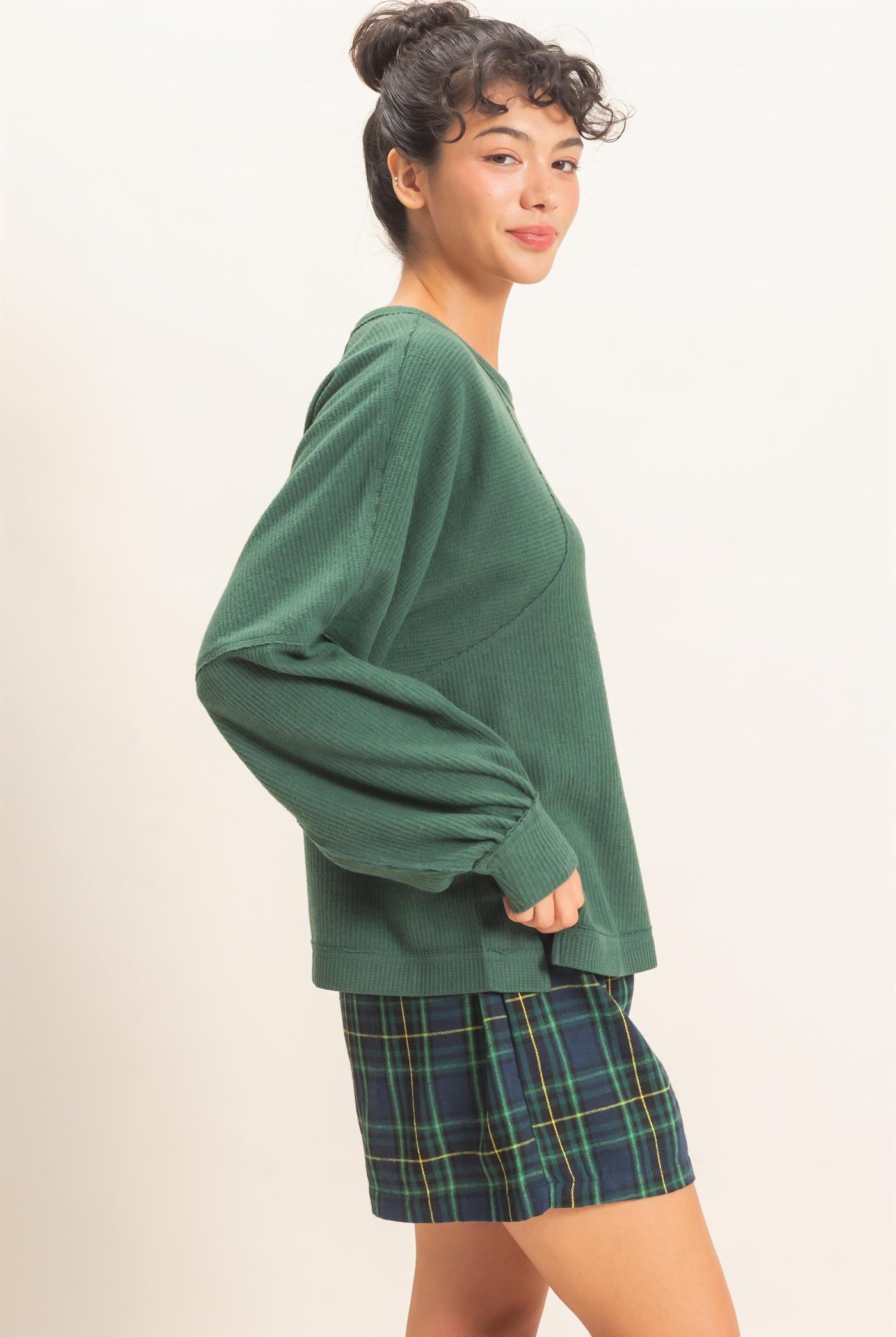Wholesale Brushed Waffle Long Sleeve Top Clothing Tops DZ26F312 DARK GREEN DOUBLE ZERO
