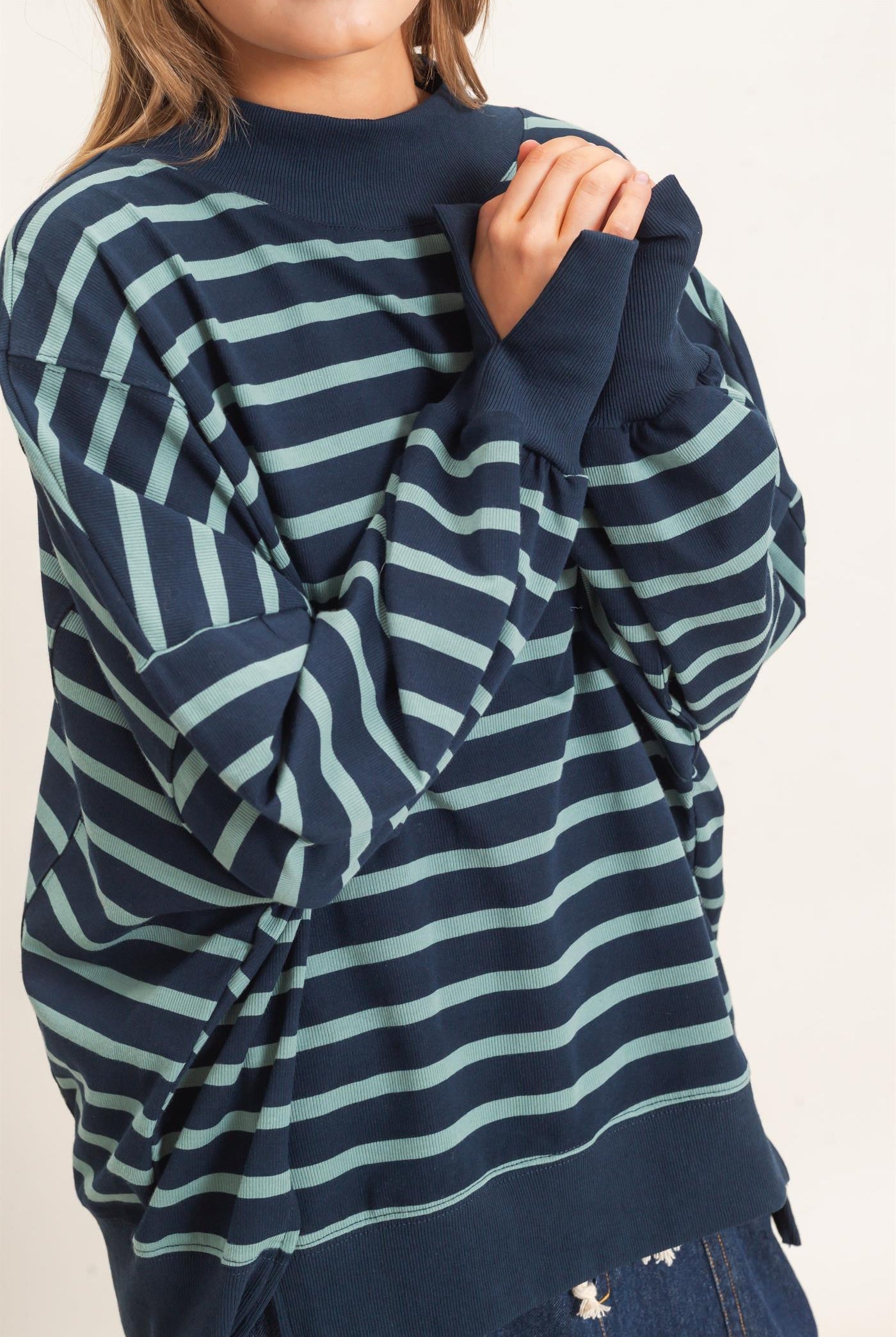 Wholesale Striped Mock Neck Sweatshirt Sweatshirts HF27A178-D NAVY/SAGE HYFVE